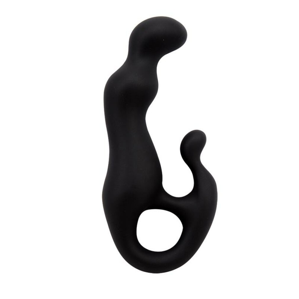 Ein mattes, schwarzes Wellness-Accessoire mit geschwungenen, abstrakten Formen auf hellem Hintergrund.