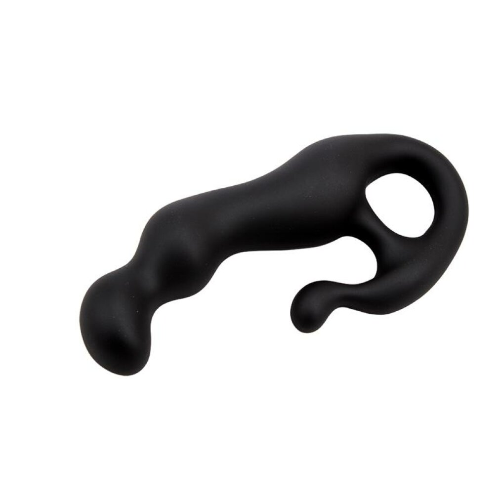 Ein schwarzer, glatter, geschwungener Wellness-Massagegerät mit ergonomischer Form und abgerundeten Spitzen auf weißem Hintergrund.