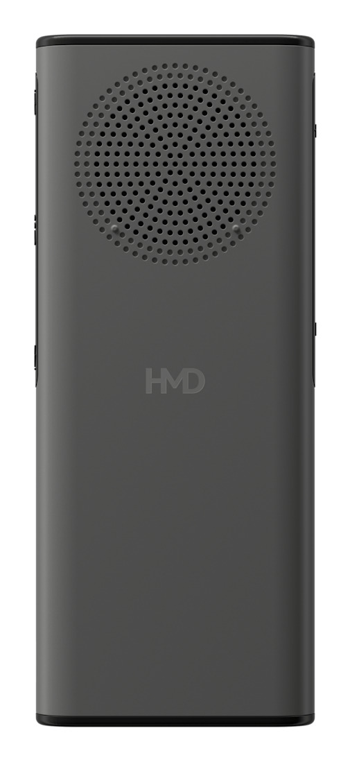 Graues Smartphone mit großem, rundem Lautsprecher auf der Rückseite und dem HMD-Logo.