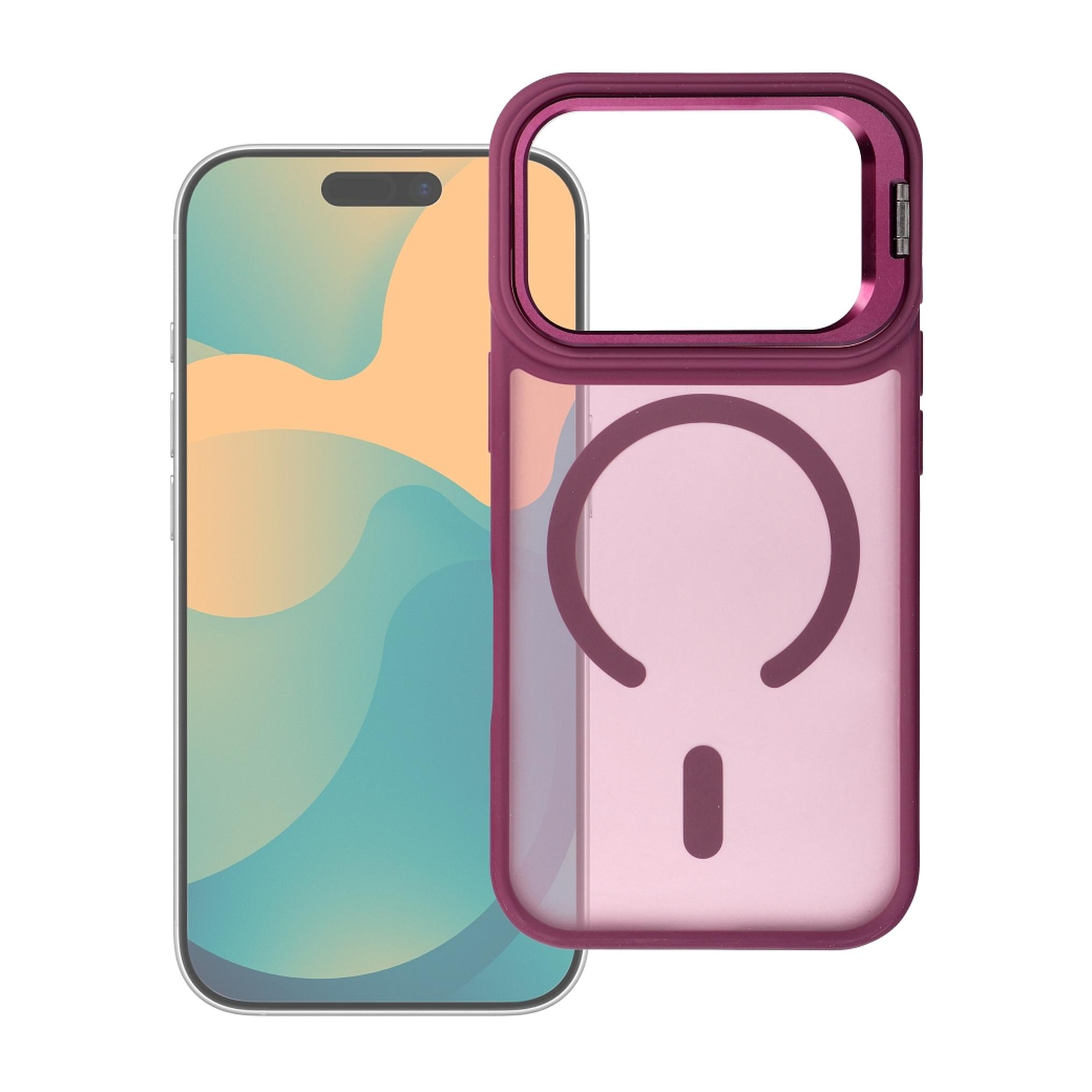 Ein Smartphone und eine rote Schutzhülle mit integriertem magnetischen Ladering auf weißem Hintergrund.