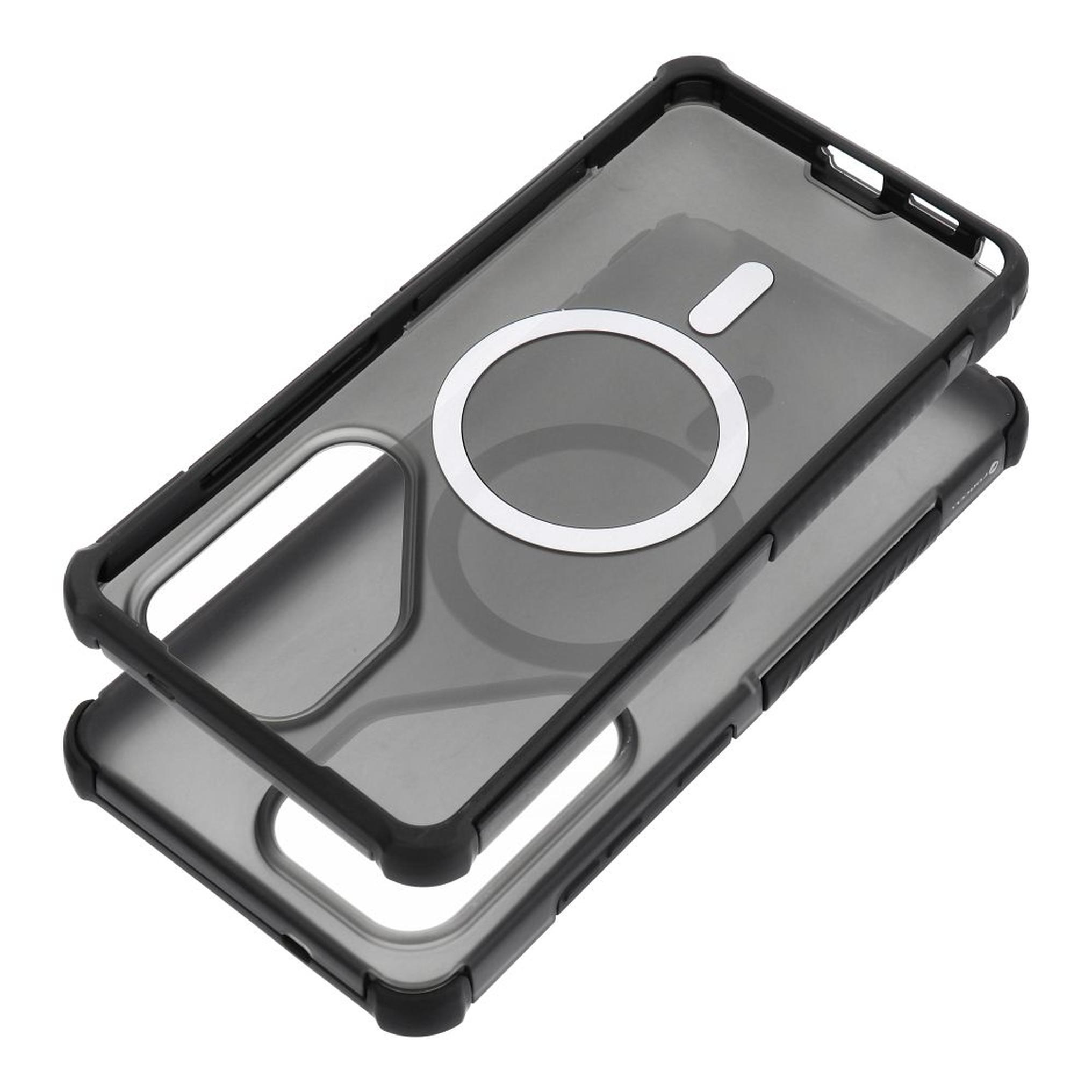 Schwarze, durchsichtige Smartphone-Hülle mit magnetischem Ring auf der Rückseite.