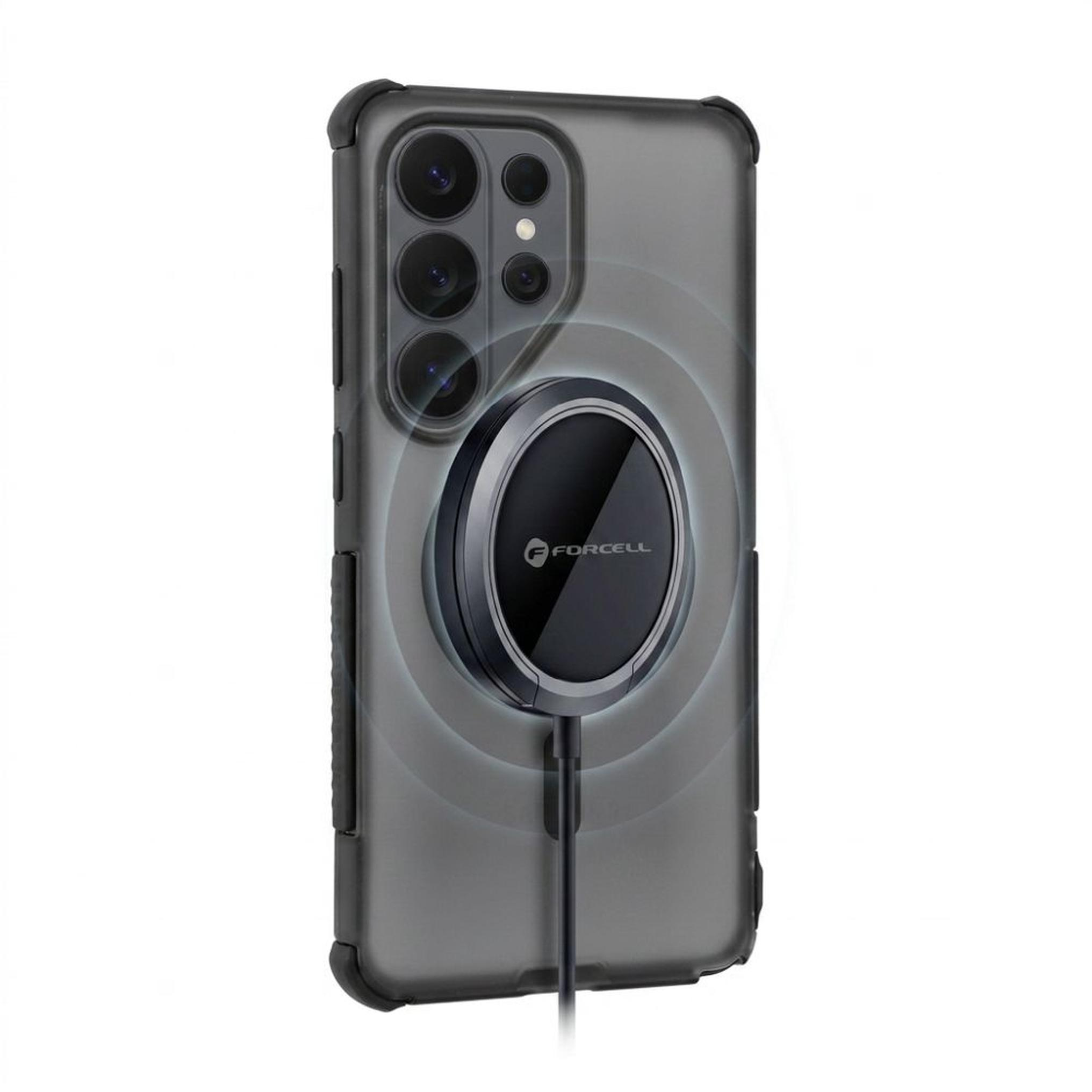 Smartphone in grauer Schutzhülle mit runder kabelloser Magnet-Ladestation auf der Rückseite.
