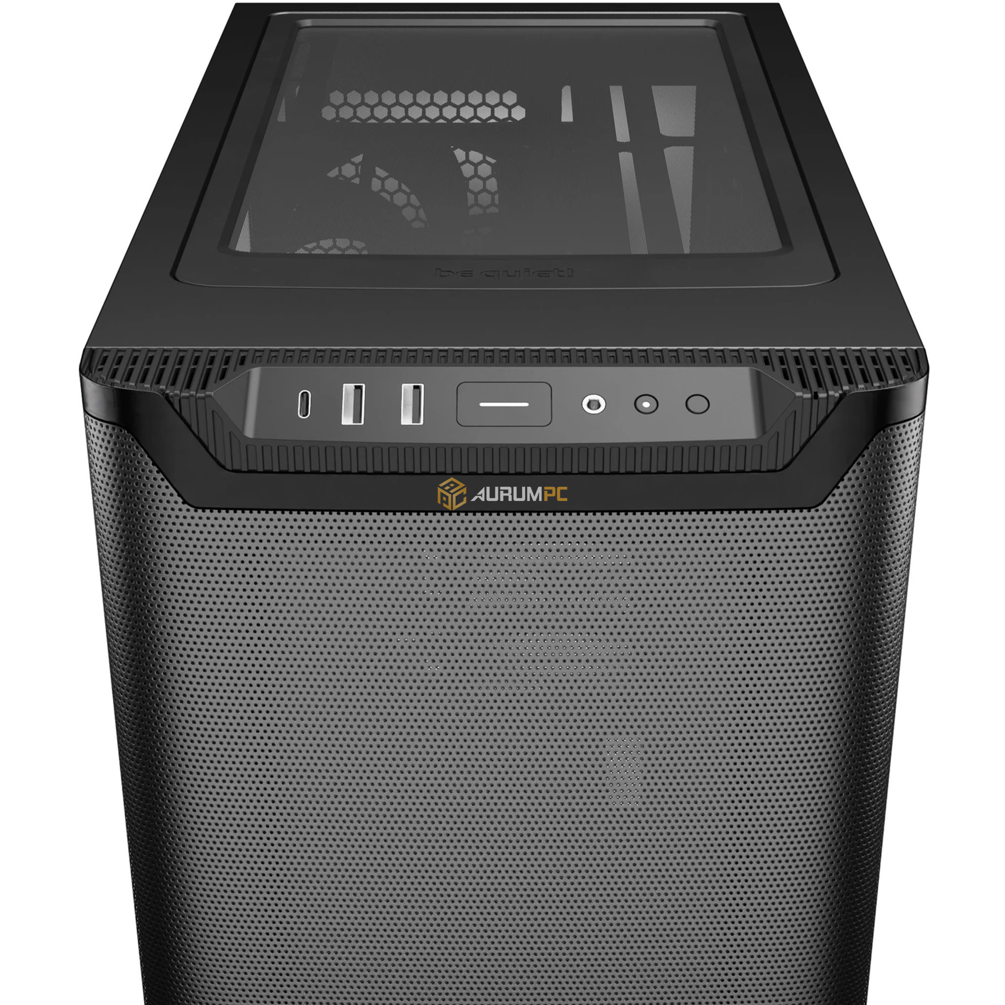 Vista frontale di un case per computer nero con frontale a rete e pannello I/O superiore.