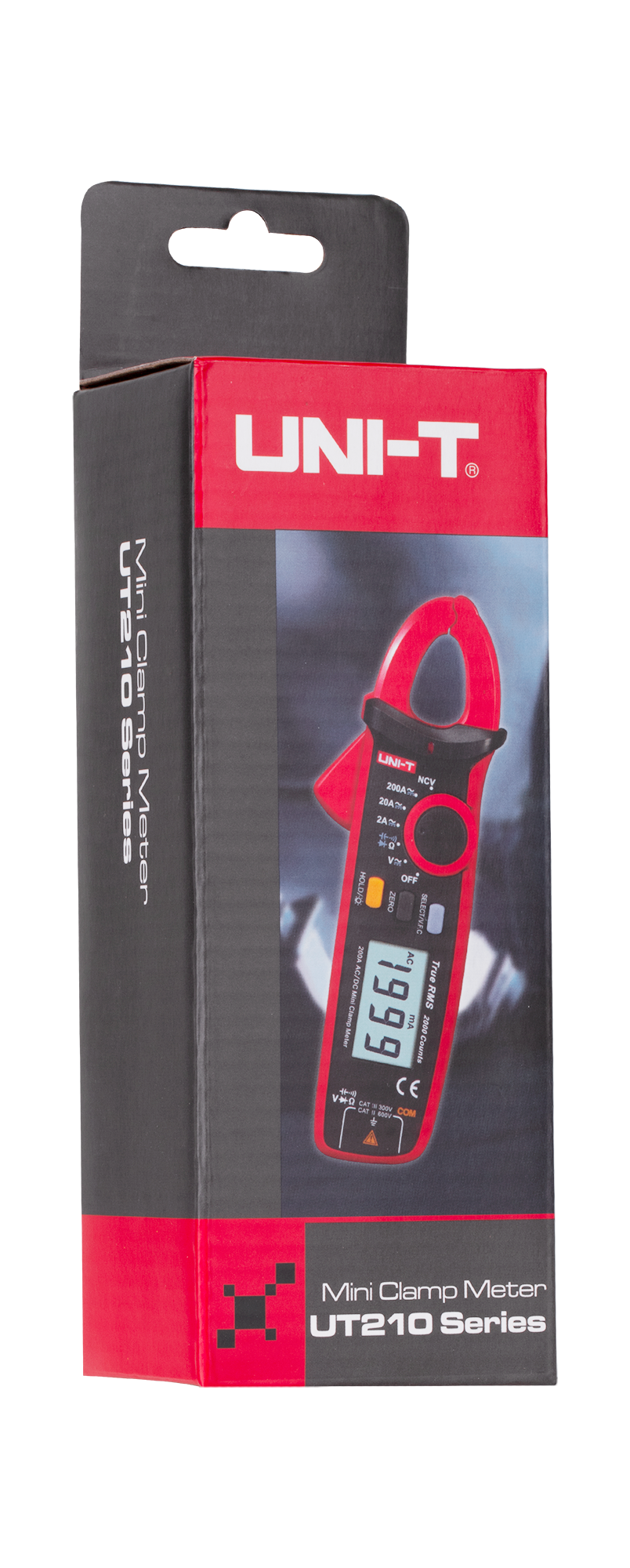 Czerwono-czarne opakowanie przedstawia UNI-T Mini Clamp Meter UT210 Series.