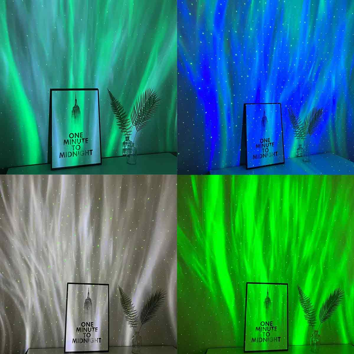 Vier Bilder zeigen eine Wandprojektion mit Polarlichtern in Grün, Blau und Weiß sowie ein Bild mit Text.