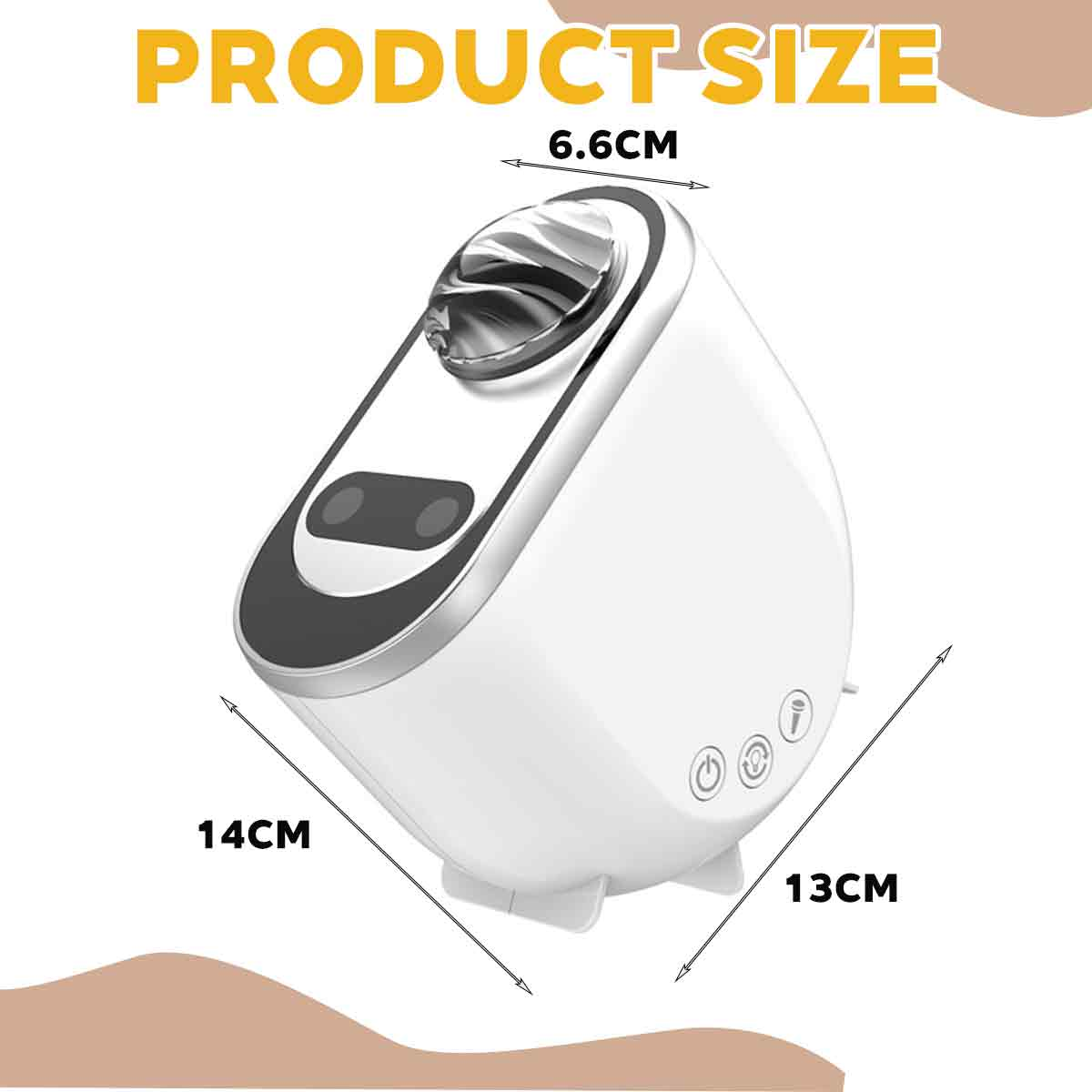 Diagramm zeigt die Produktabmessungen von 6,6 cm, 13 cm und 14 cm für ein weißes Gerät.