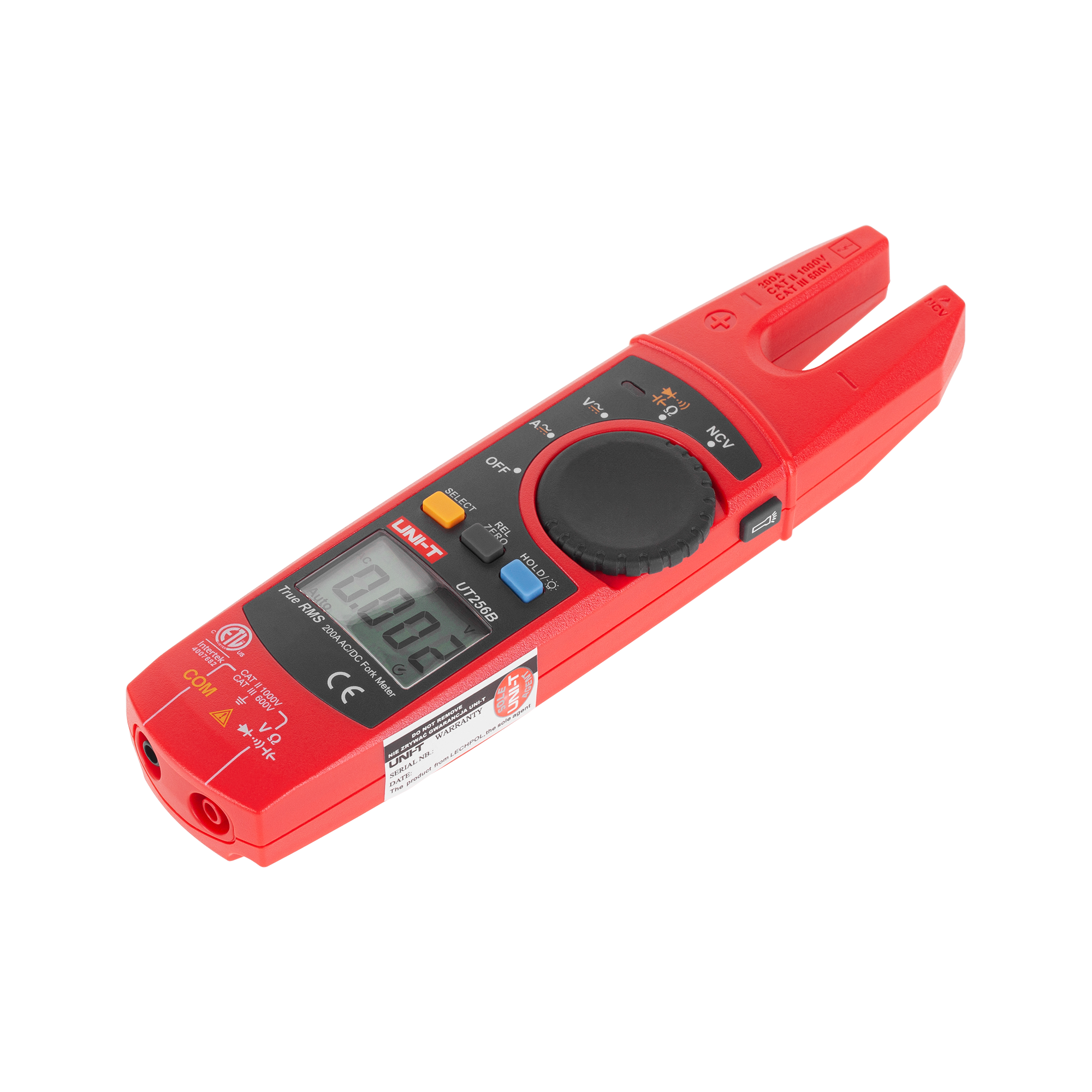 Czerwony cyfrowy miernik cęgowy z ekranem LCD i czarnym pokrętłem na czarnym tle.