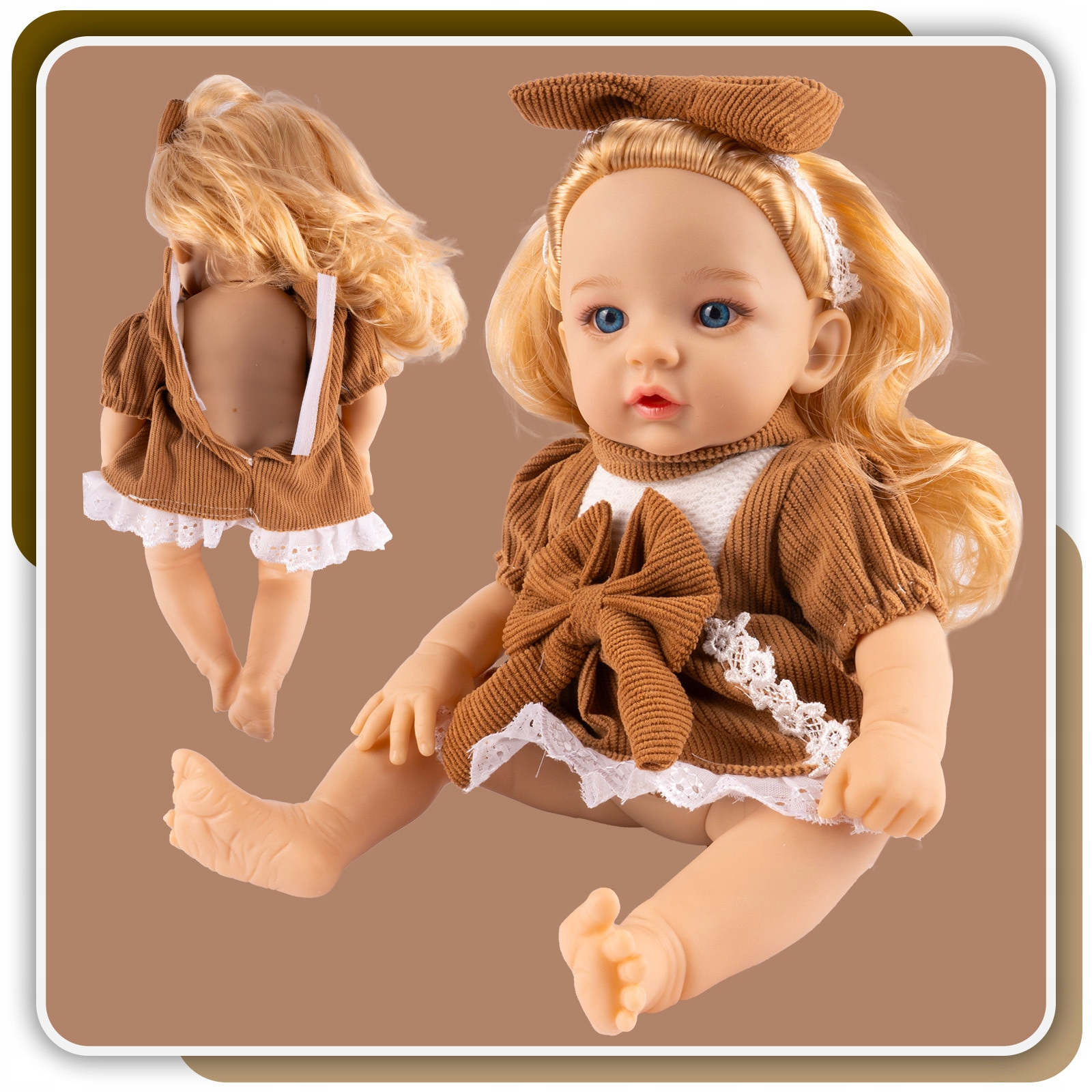 Blond lalka w brązowej sukience z tyłu rozciętej.