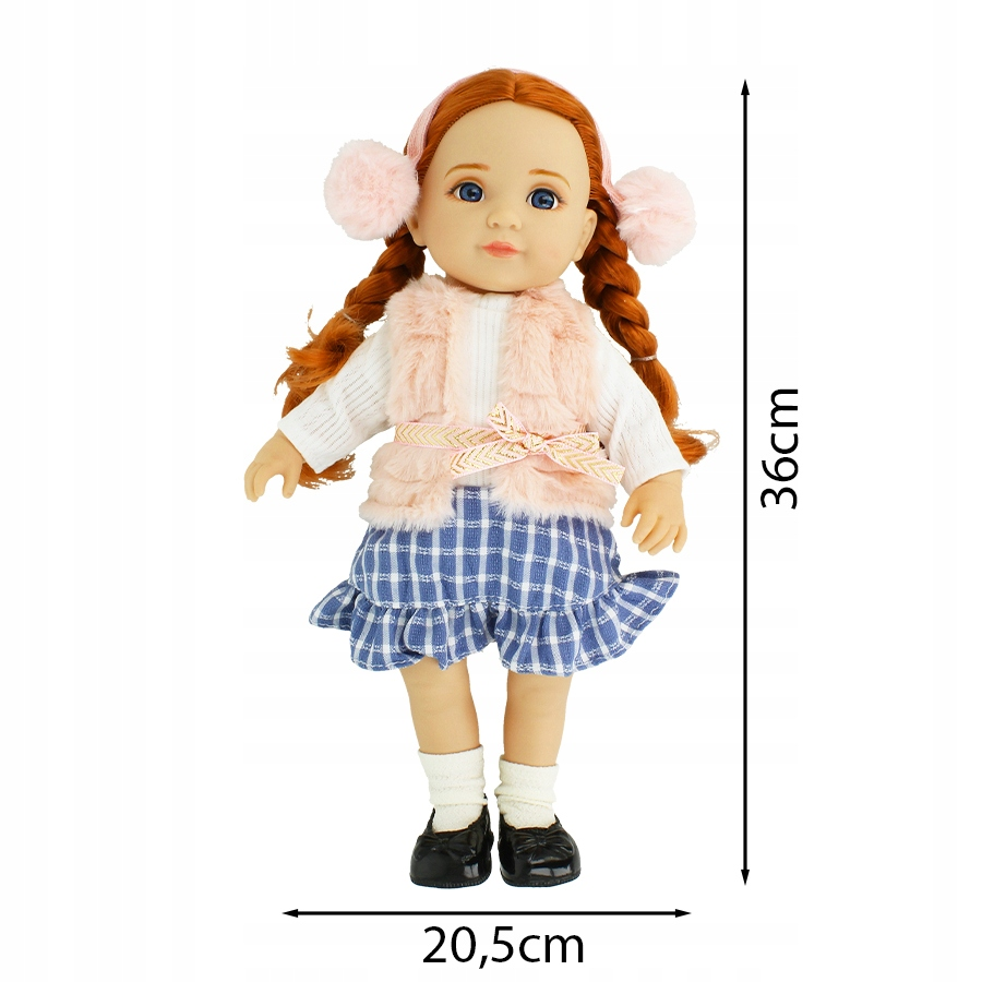 Lalka o wysokości 36 cm z rudymi warkoczami, białym topem, futrzaną kamizelką, w kratę spódniczką i czarnymi butami.