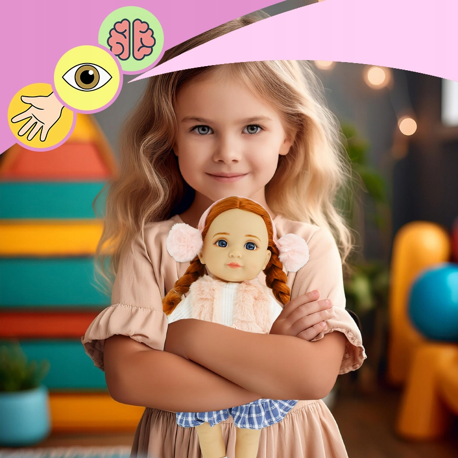Uśmiechnięta blond dziewczynka trzyma lalkę z rudymi warkoczami w kolorowym pokoju zabaw.