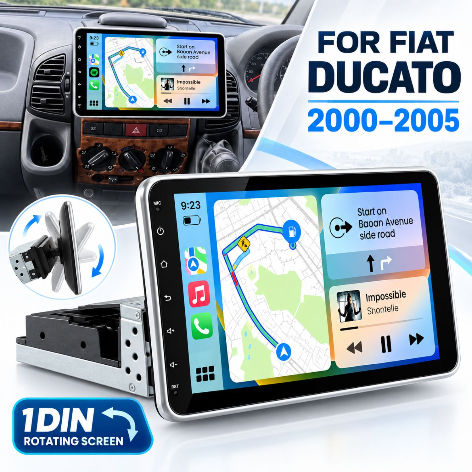 Ein 1DIN drehbares Autoradio mit GPS-Navigation und Mediaplayer, eingebaut in einen Fiat Ducato.