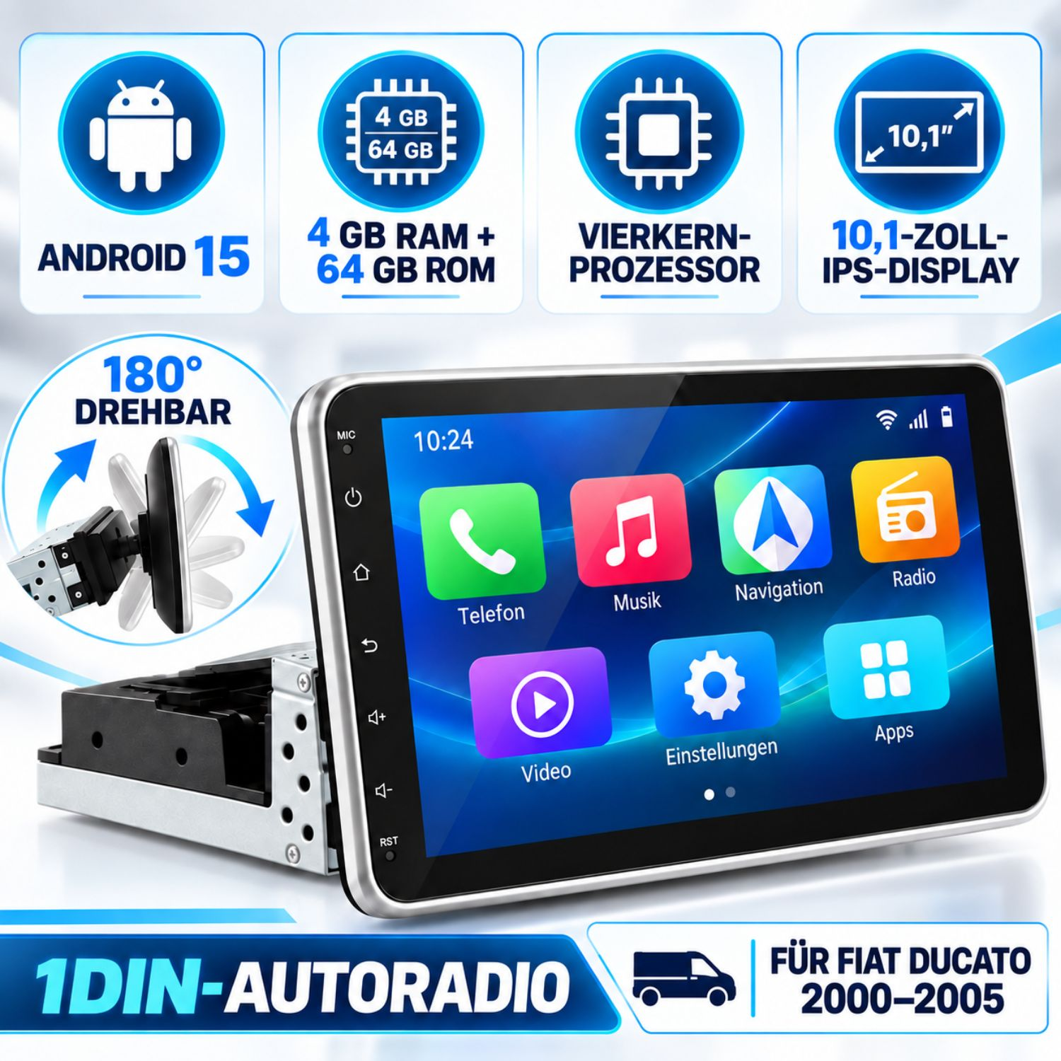 1 DIN Autoradio für Fiat Ducato mit 10,1 Zoll Display, Android 15, 4 GB RAM, 64 GB ROM und quad-core Prozessor.