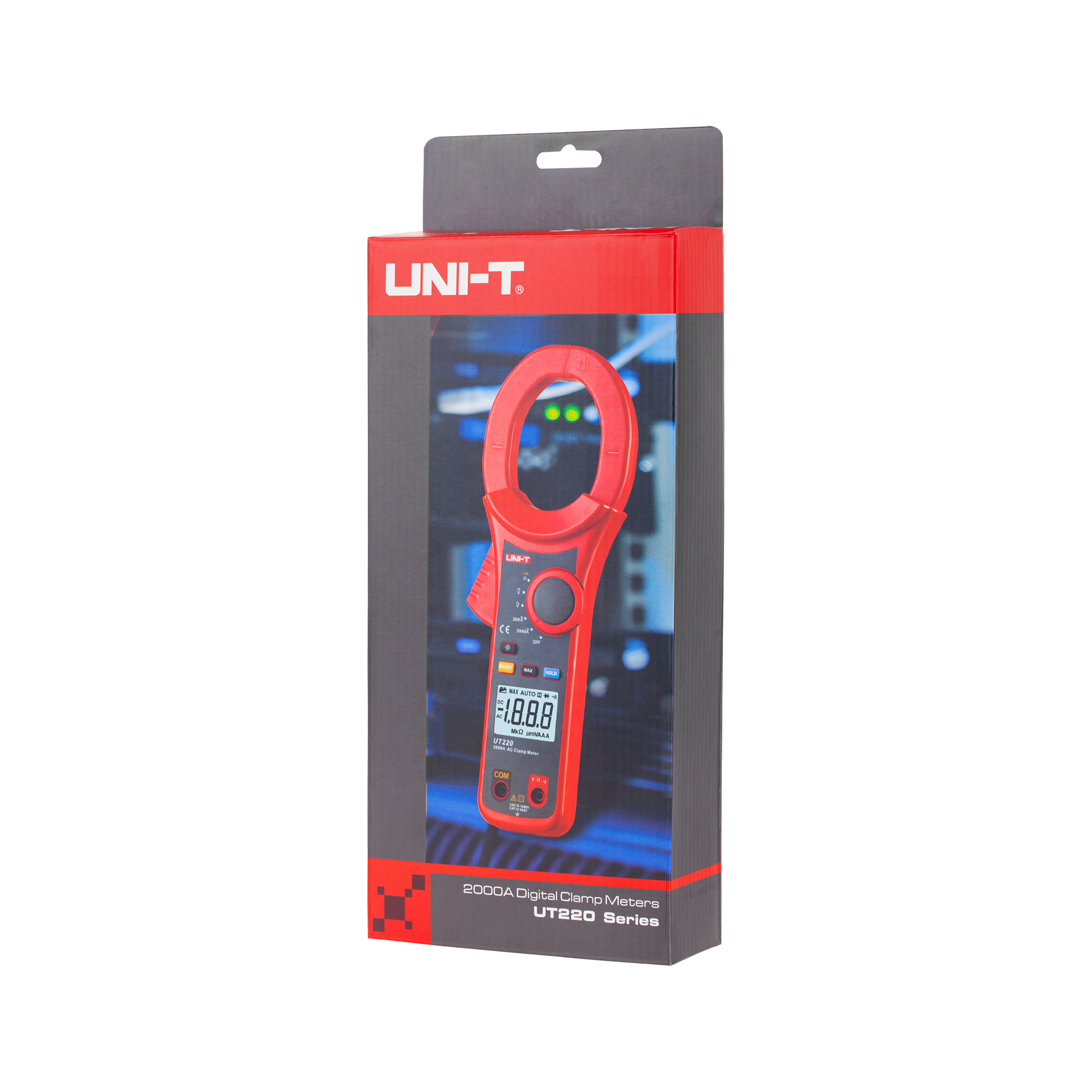 Czerwono-czarne pudełko UNI-T 2000A Digital Clamp Meters UT220 Series na czarnym tle.