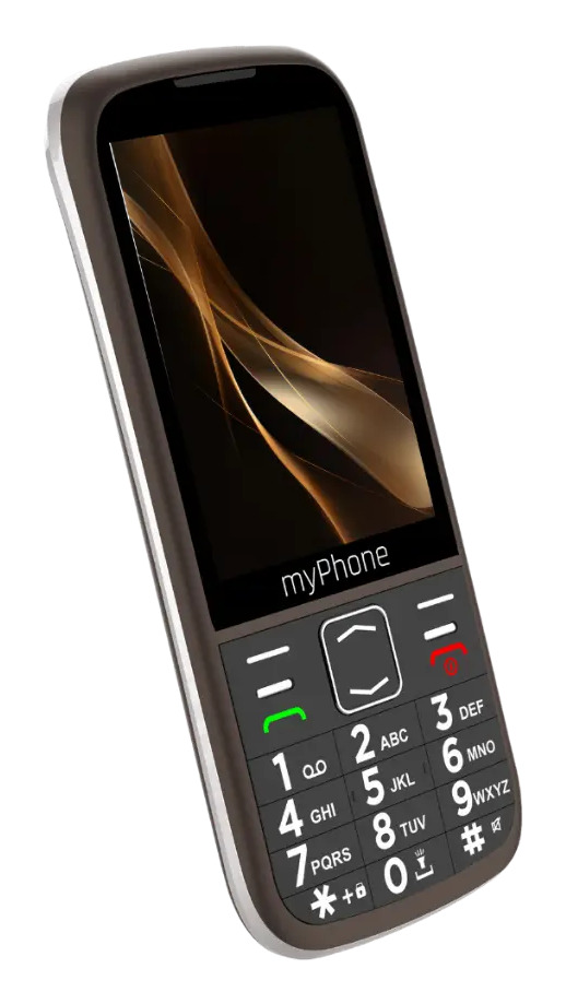Un cellulare nero myPhone con tastiera fisica e schermo che mostra un'onda dorata astratta.