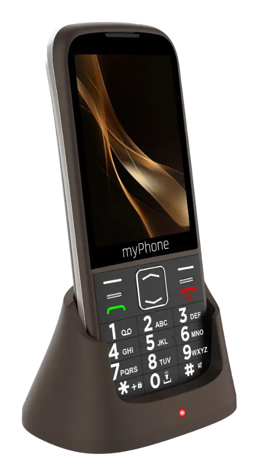 Un cellulare marrone myPhone con schermo è posizionato su una base di ricarica coordinata su sfondo bianco.