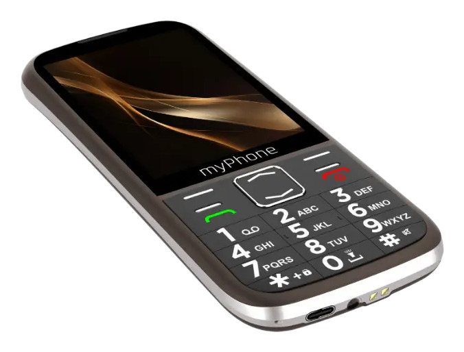 Un telefono cellulare myPhone nero con tastiera fisica e uno schermo che mostra un'onda dorata astratta.