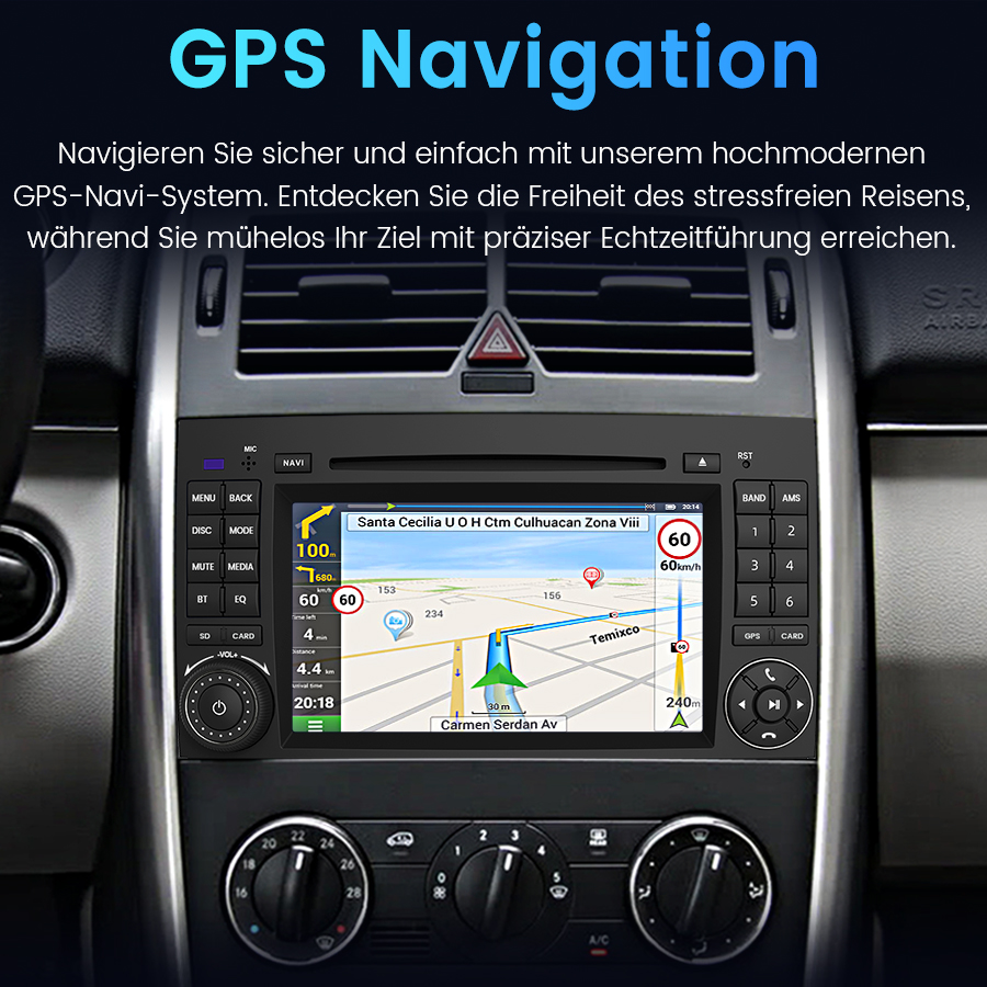 Ein Auto-GPS-Navigationssystem mit Touchscreen und Tasten ist in die Mittelkonsole eines Autos eingebaut.