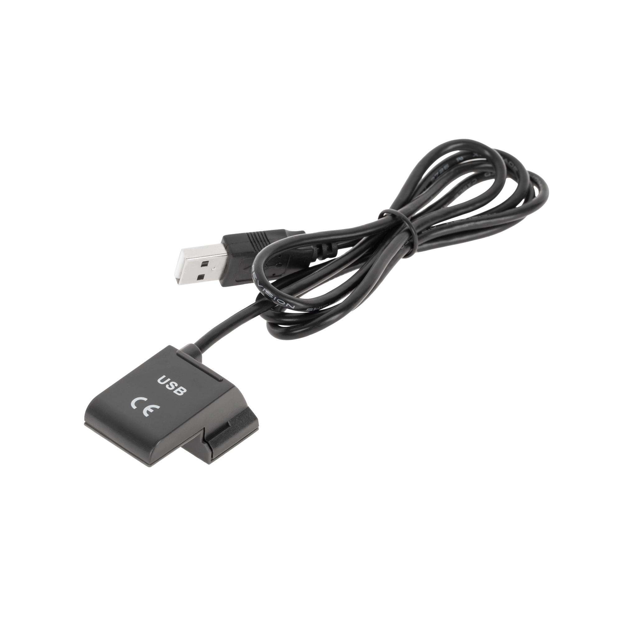 Czarny kabel ładujący USB ze zwiniętym przewodem i dedykowanym złączem na czarnym tle.