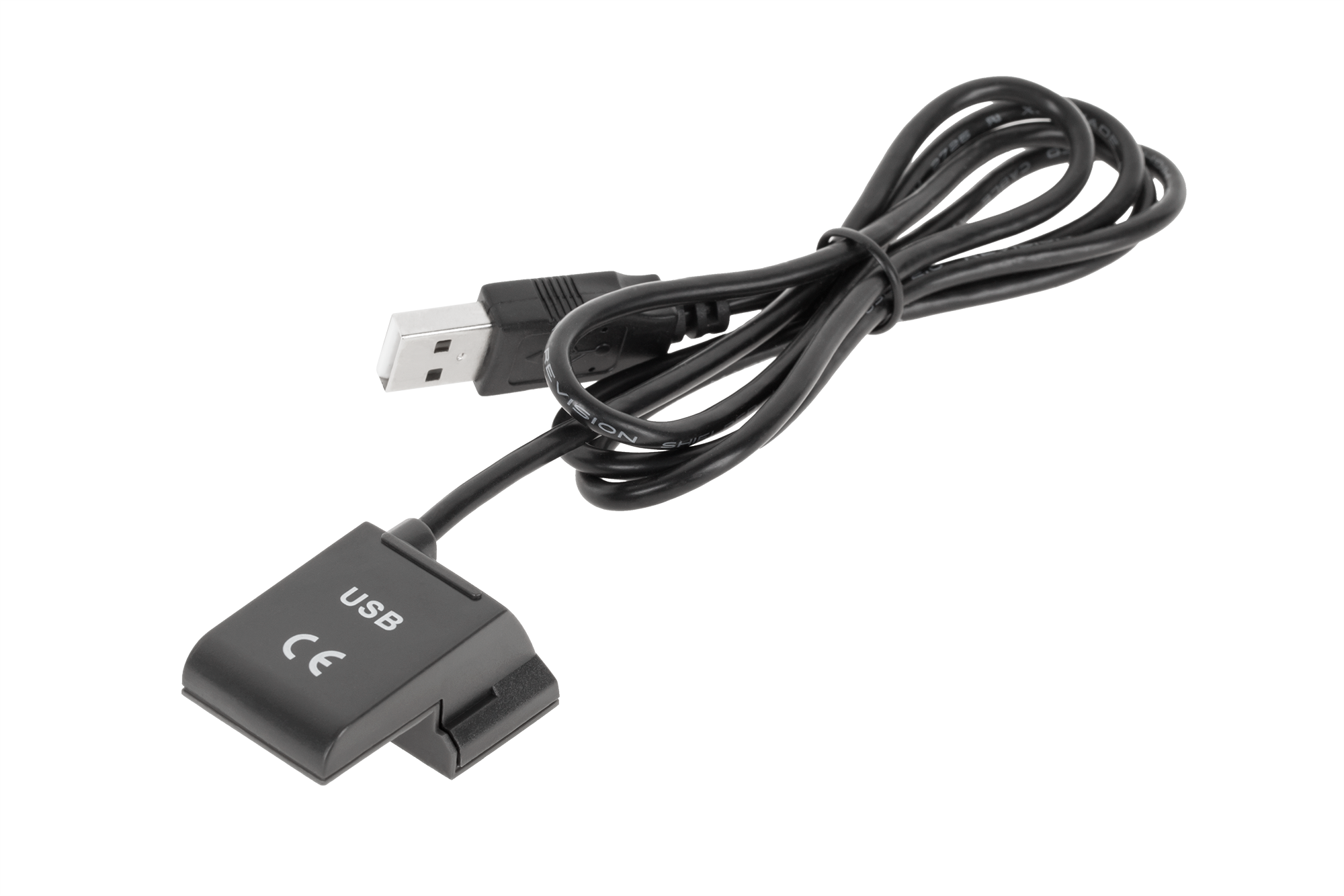 Czarny kabel USB z złączem USB i stacją ładującą na czarnym tle.