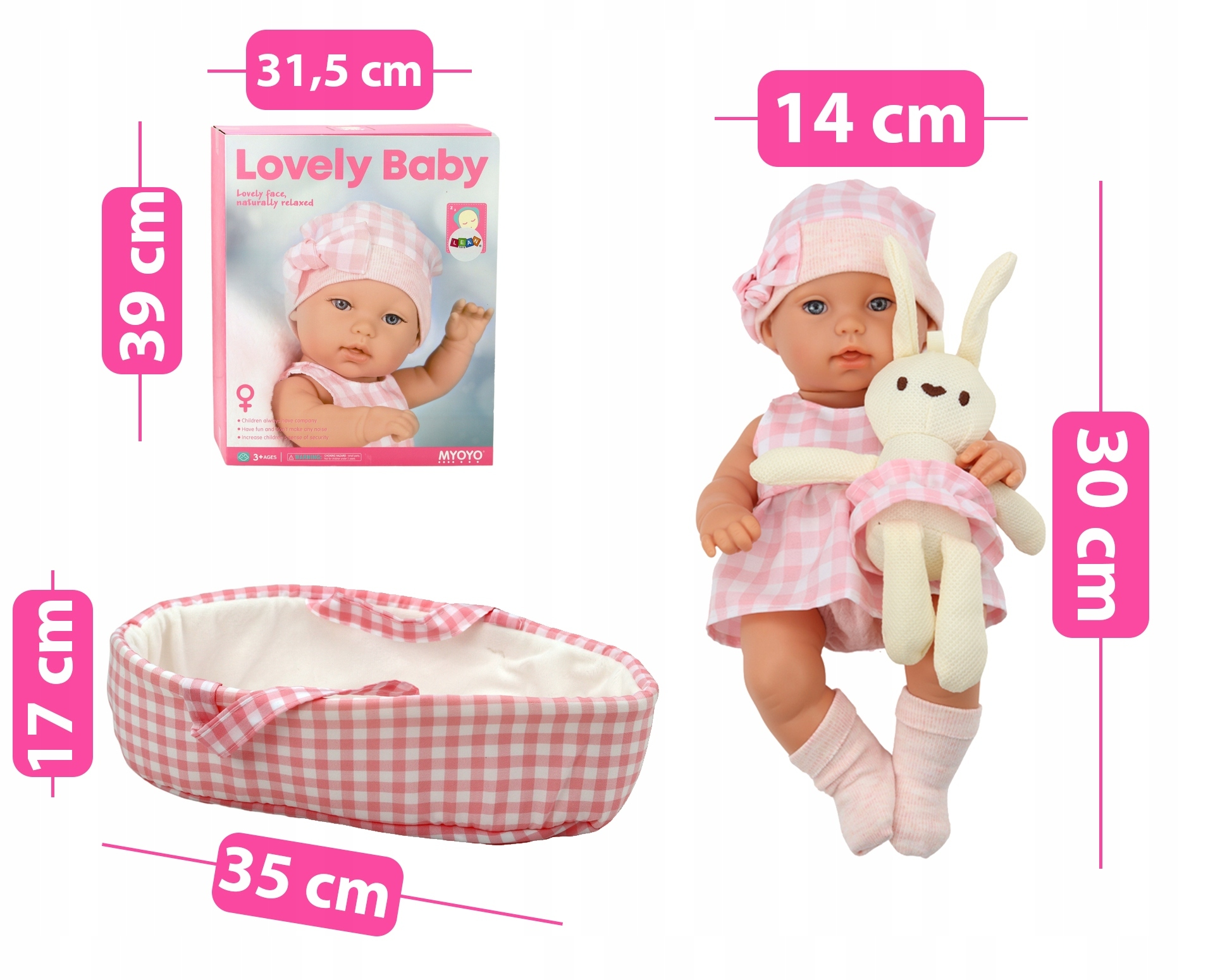 Lalka bobas w różowym w kratkę ubranku z maskotką królika, kołyską i pudełkiem, z wymiarami.
