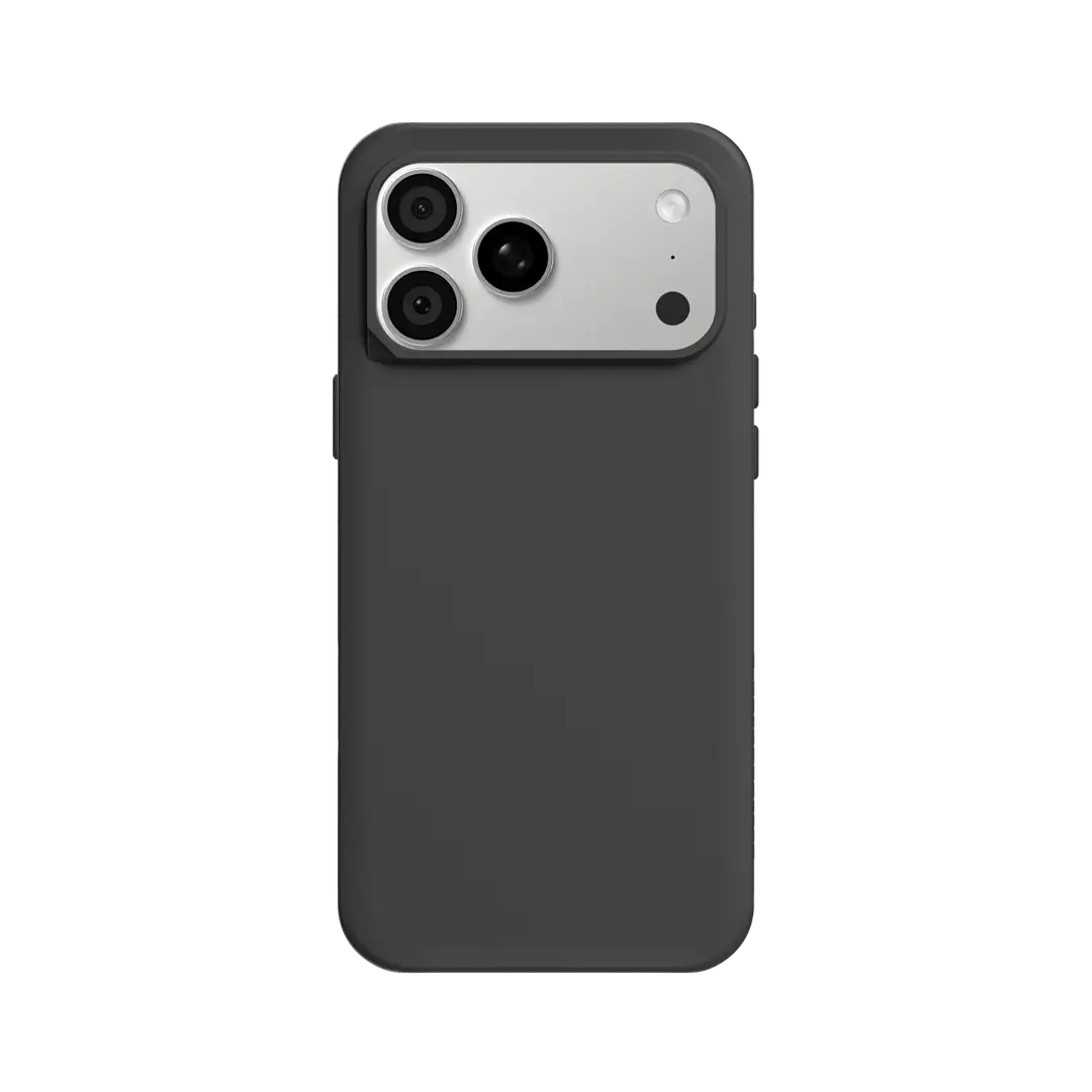 Dunkelgraue Smartphone-Hülle auf schwarzem Hintergrund mit silberner Kameraaussparung oben.