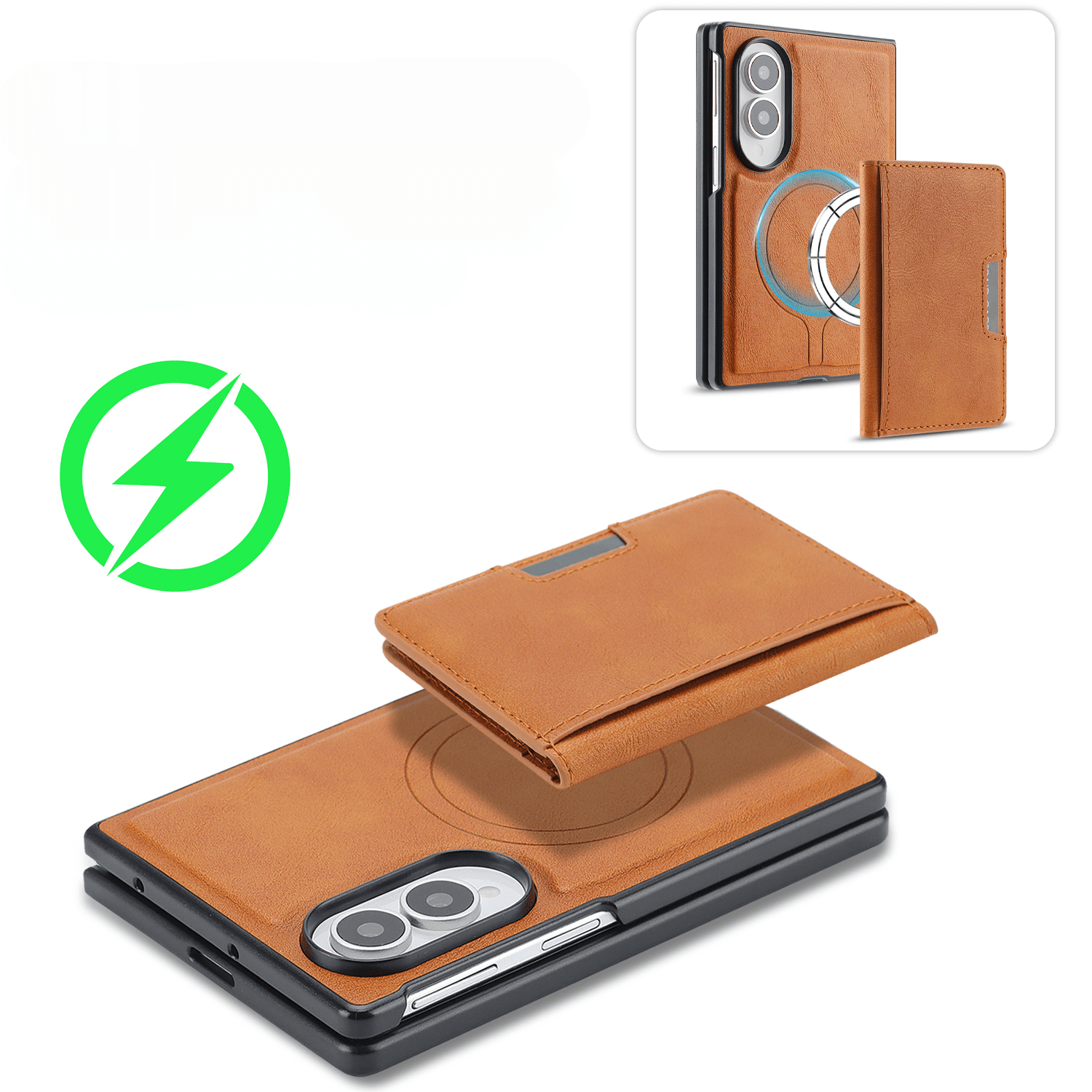 Braune Lederhandyhülle mit abnehmbarer Brieftasche und kabellosem Ladesymbol.