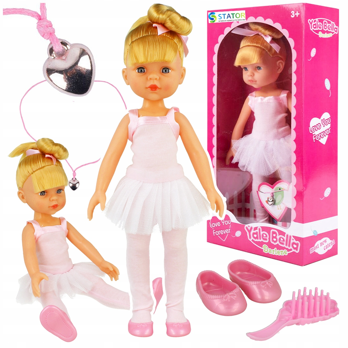 Blond lalka baletnica w różowej spódniczkę tutu z pasującymi butami, szczotką i pudełkiem.
