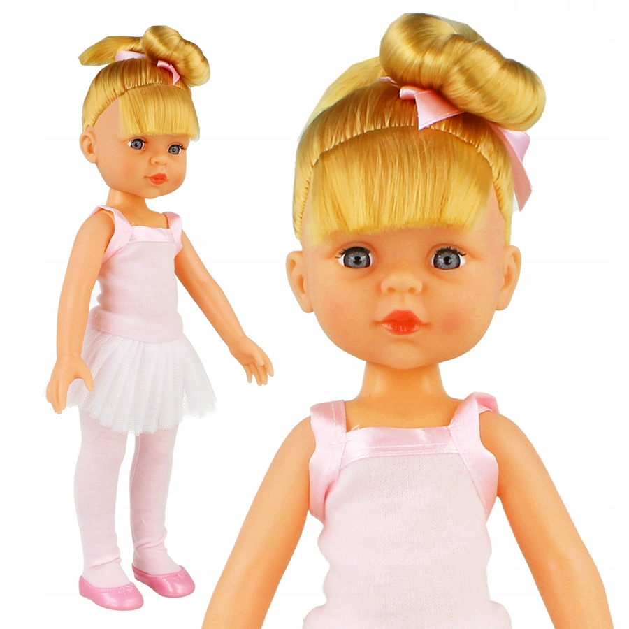 Blond lalka ubrana w różowy strój baletowy z białą tutu, w pełnej postaci i zbliżeniu.