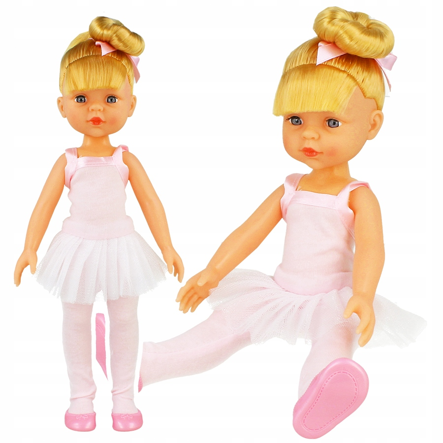 Dwie blond lalki baletnice w różowych tututach na białym tle.