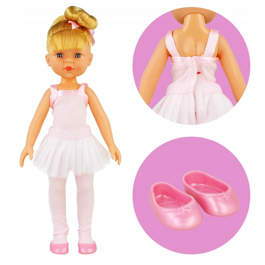 Blond lalka w stroju baletowym z różowymi butami oraz zbliżeniem na plecy i buty.