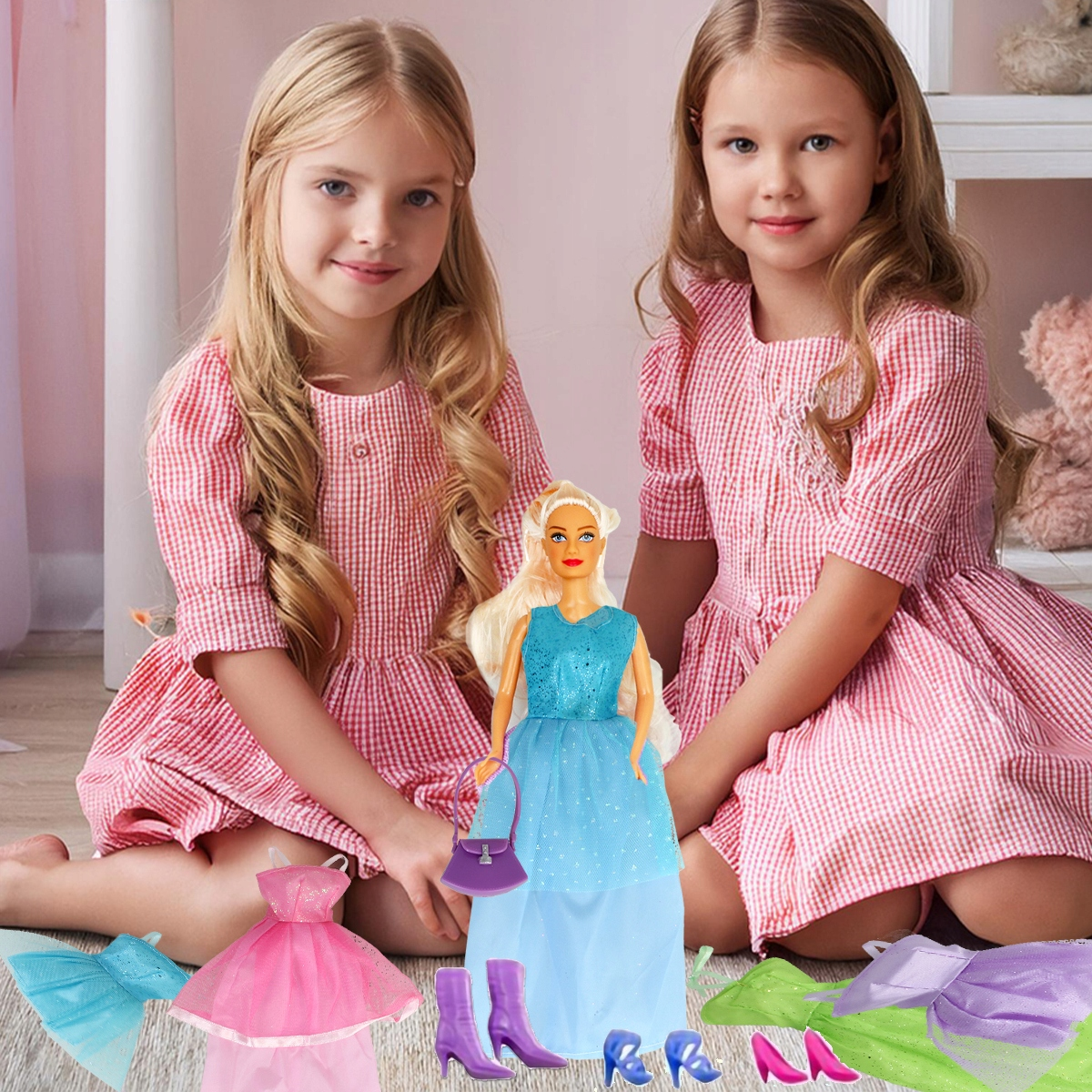 Dwie blond dziewczynki w różowe w kratkę sukienki siedzą na podłodze z lalką i akcesoriami.