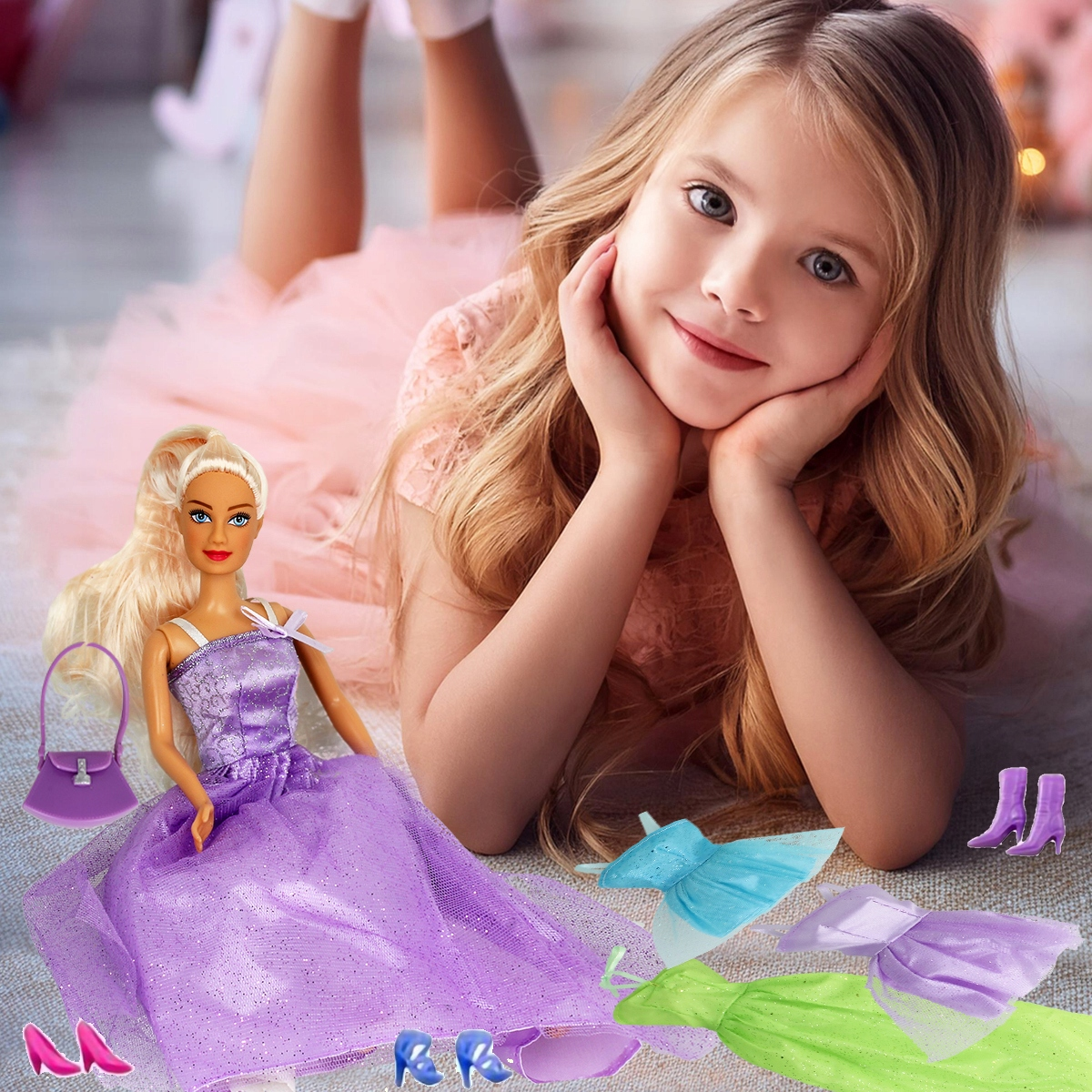 Blond dziewczynka w różowej sukience leży na podłodze z lalką w fioletowej sukience i akcesoriami.