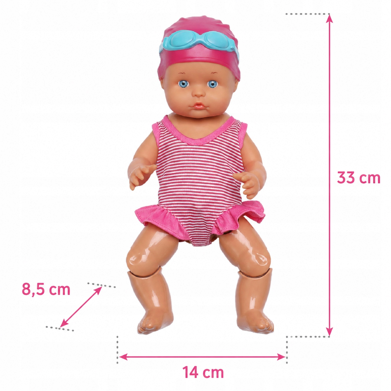 Lalka w różowym czepku, okularach i w paski stroju kąpielowym, z wymiarami w cm.