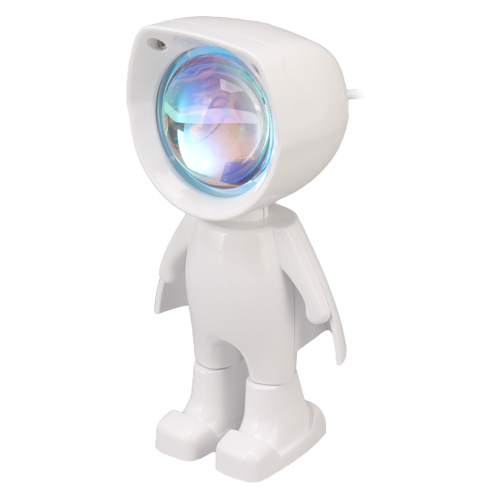 Eine weiße, astronautenförmige Lampe mit einer leuchtend blauen Linse am Kopf, freigestellt auf weißem Hintergrund.
