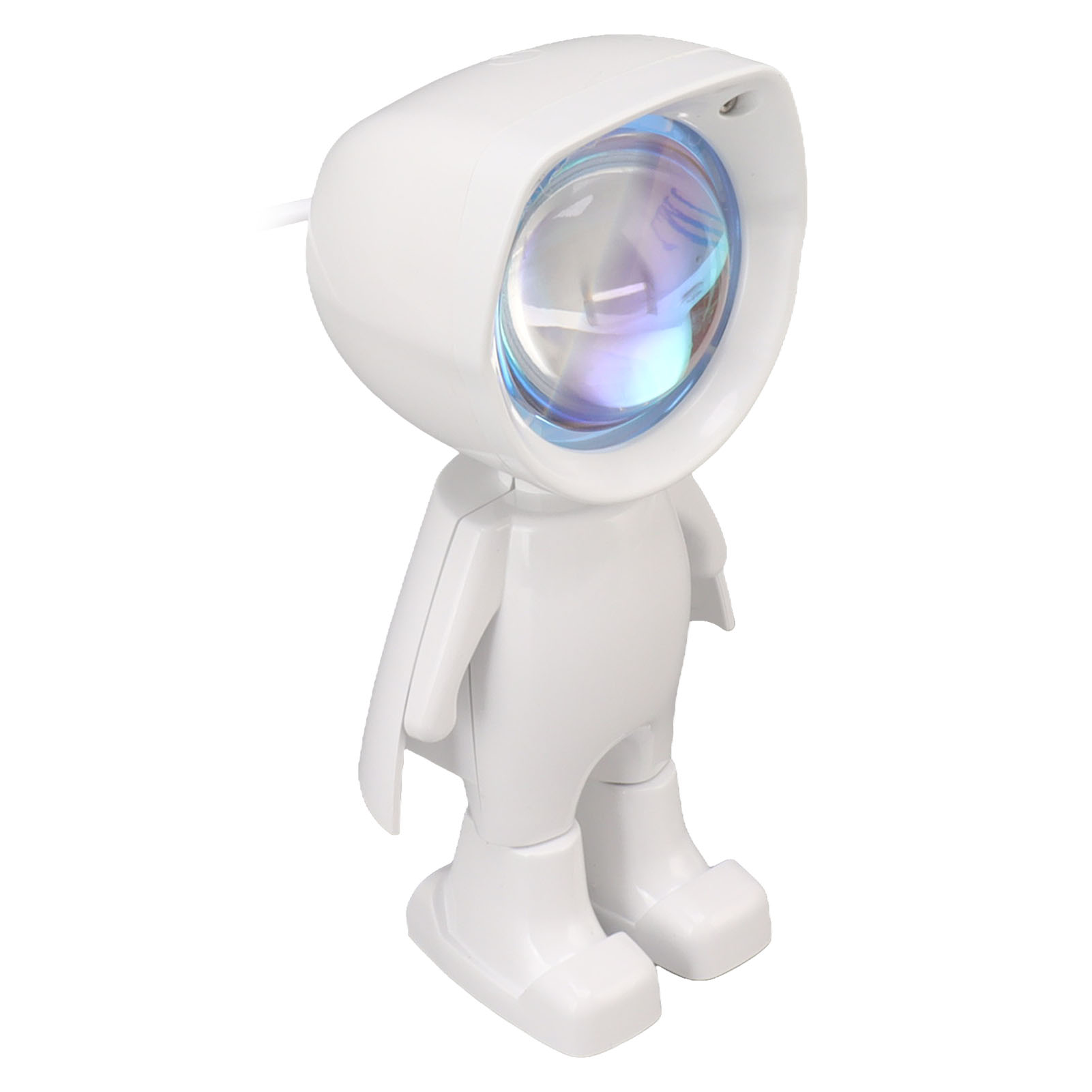 Eine weiße Astronauten-Lampe mit blau schimmerndem Glas.