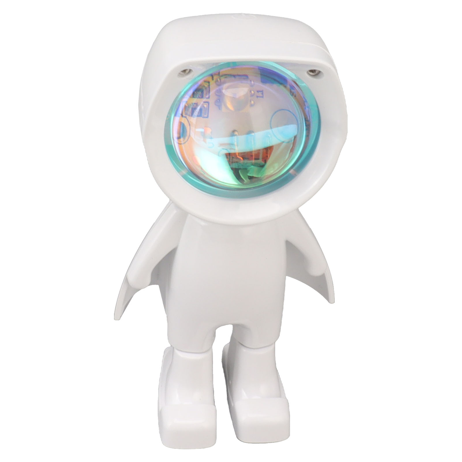 Eine weiße Astronautenlampe mit einer runden, bunten Linse und kleinen Flügeln auf weißem Hintergrund.