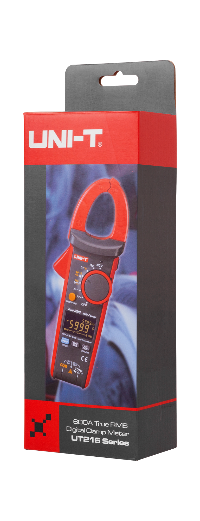 Opakowanie produktu czerwonego cyfrowego miernika cęgowego UNI-T UT216 Series.