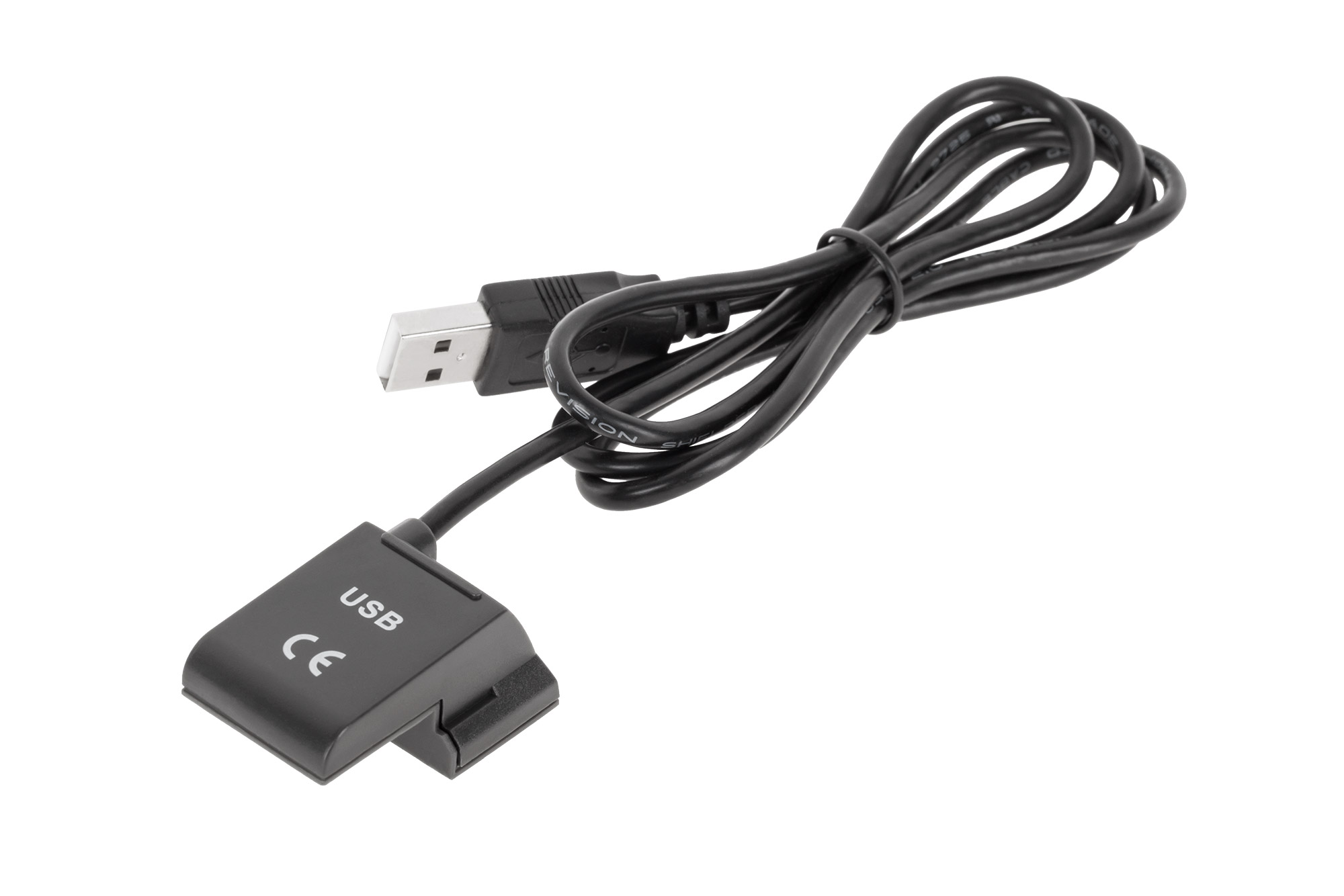 Czarny kabel ładujący USB z dedykowanym złączem dokującym na białym tle.