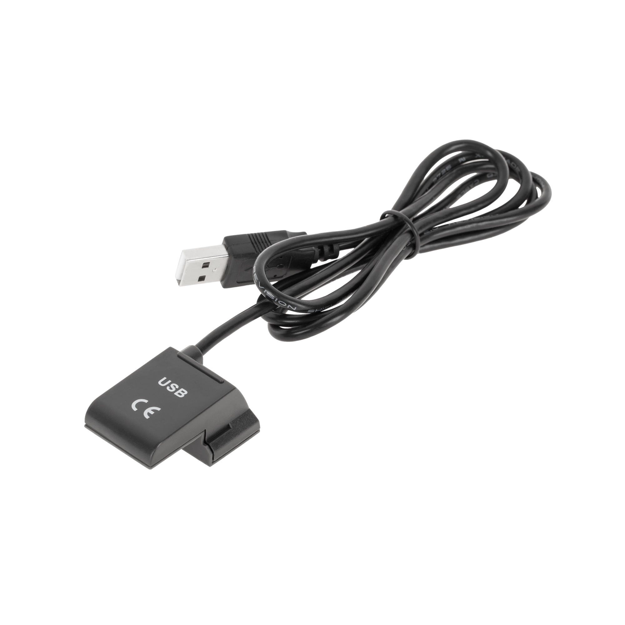 Czarny kabel USB ze złączem USB i podstawką ładującą na czarnym tle.