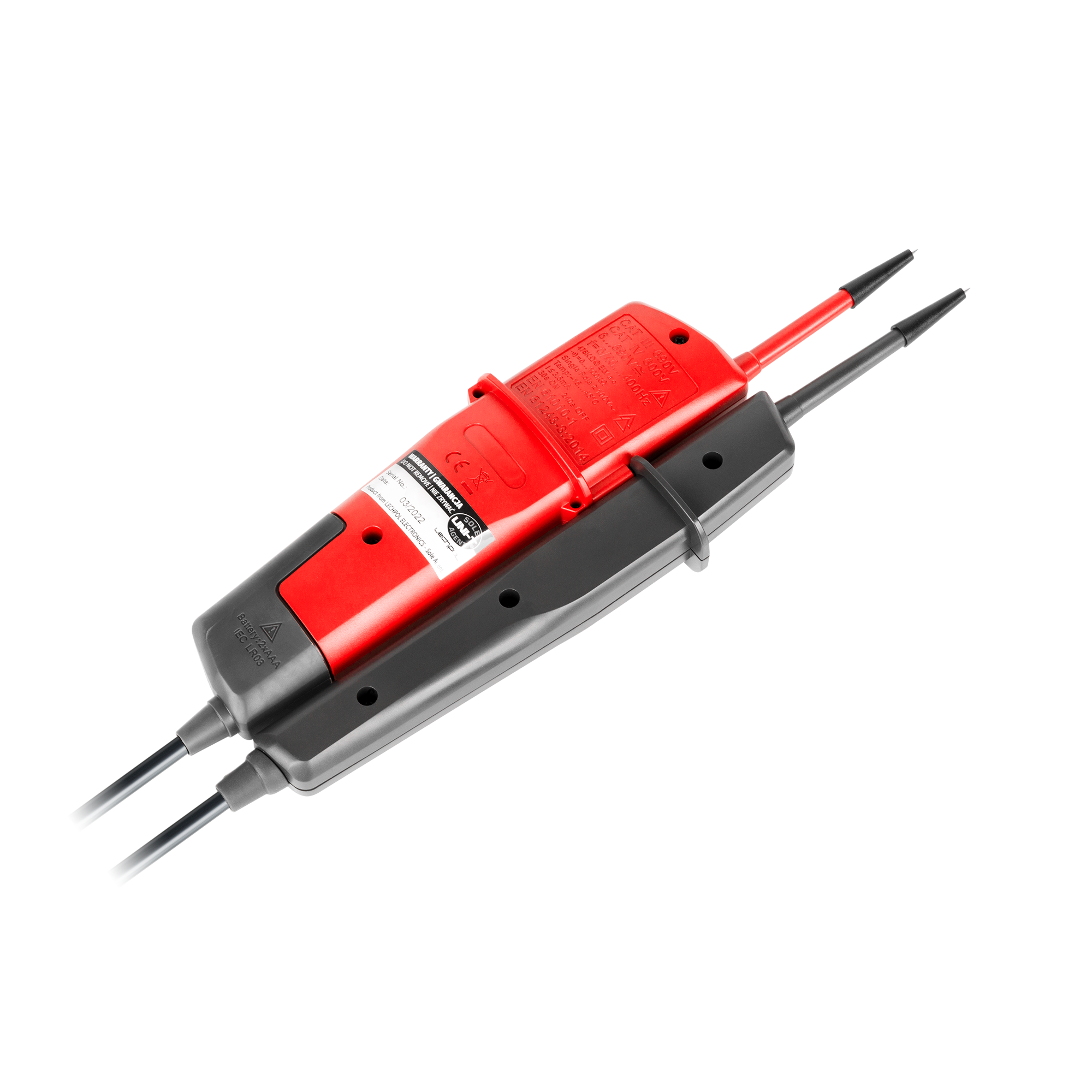 Czerwono-czarny tester napięcia elektrycznego z dwiema sondami na czarnym tle.