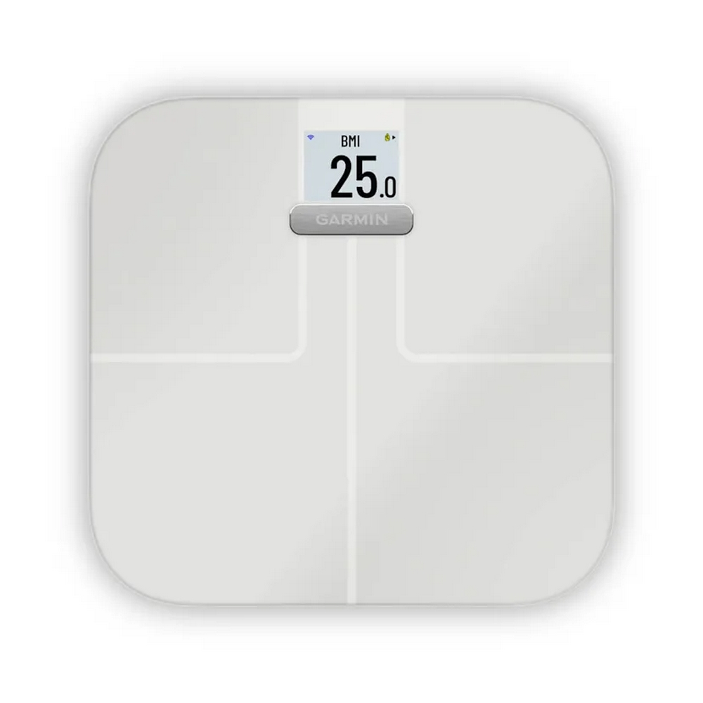 Una bilancia pesapersone smart Garmin bianca con display digitale che mostra un BMI di 25,0.