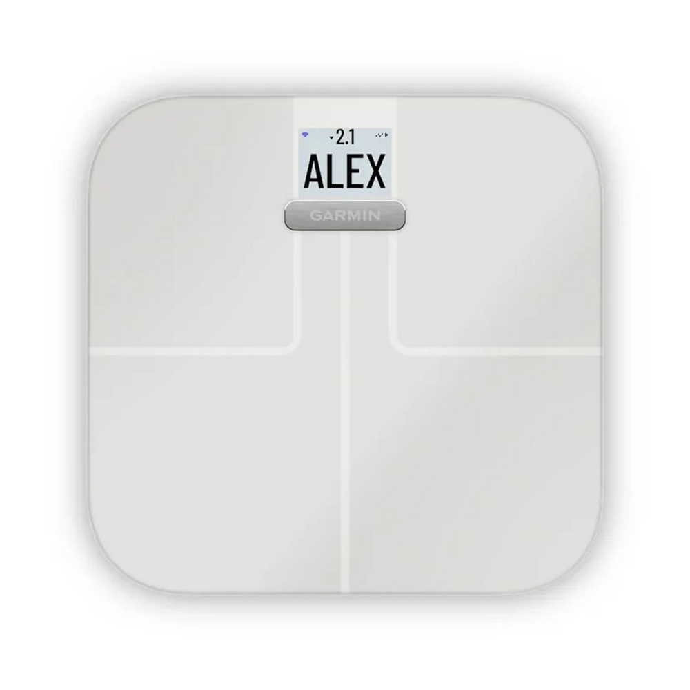 Una bilancia intelligente Garmin bianca con un display che mostra il nome Alex.