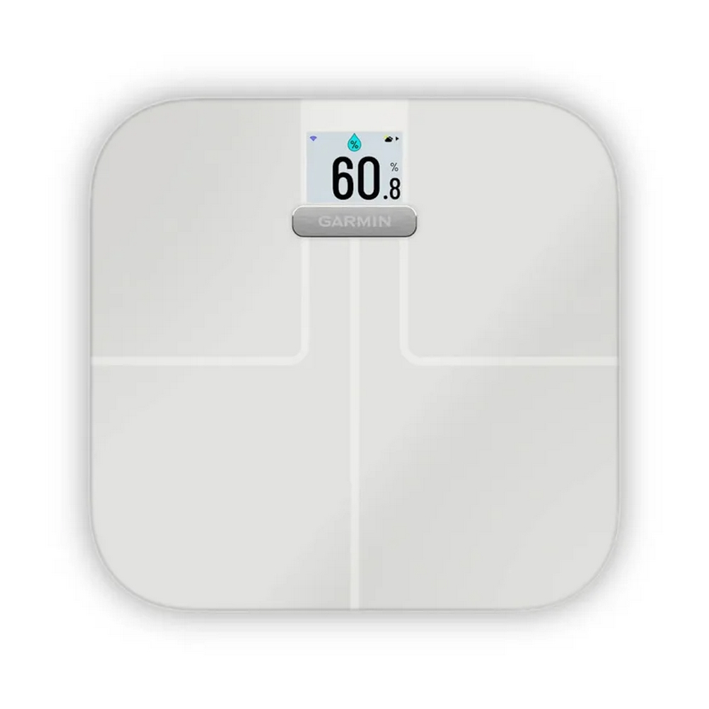 Una bilancia smart Garmin bianca con display digitale che mostra 60,8, su sfondo bianco.