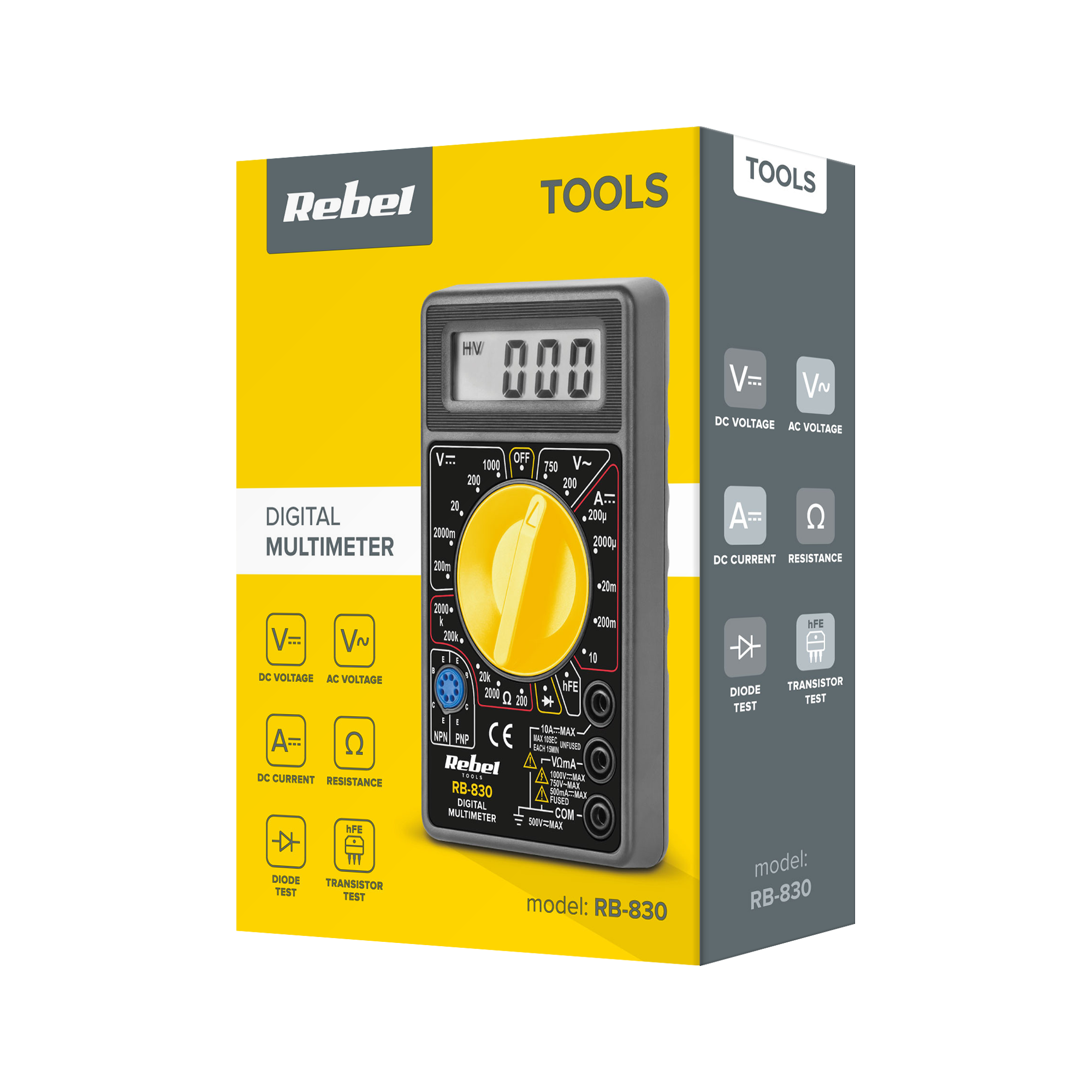 Żółte opakowanie cyfrowego multimetru Rebel Tools, model RB-830, z wizerunkiem urządzenia.