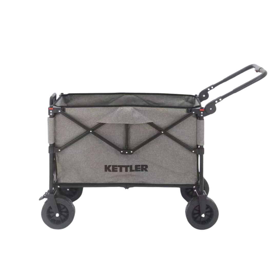 Grauer Kettler Bollerwagen mit schwarzem Metallgestell und vier Rollen vor weißem Hintergrund.
