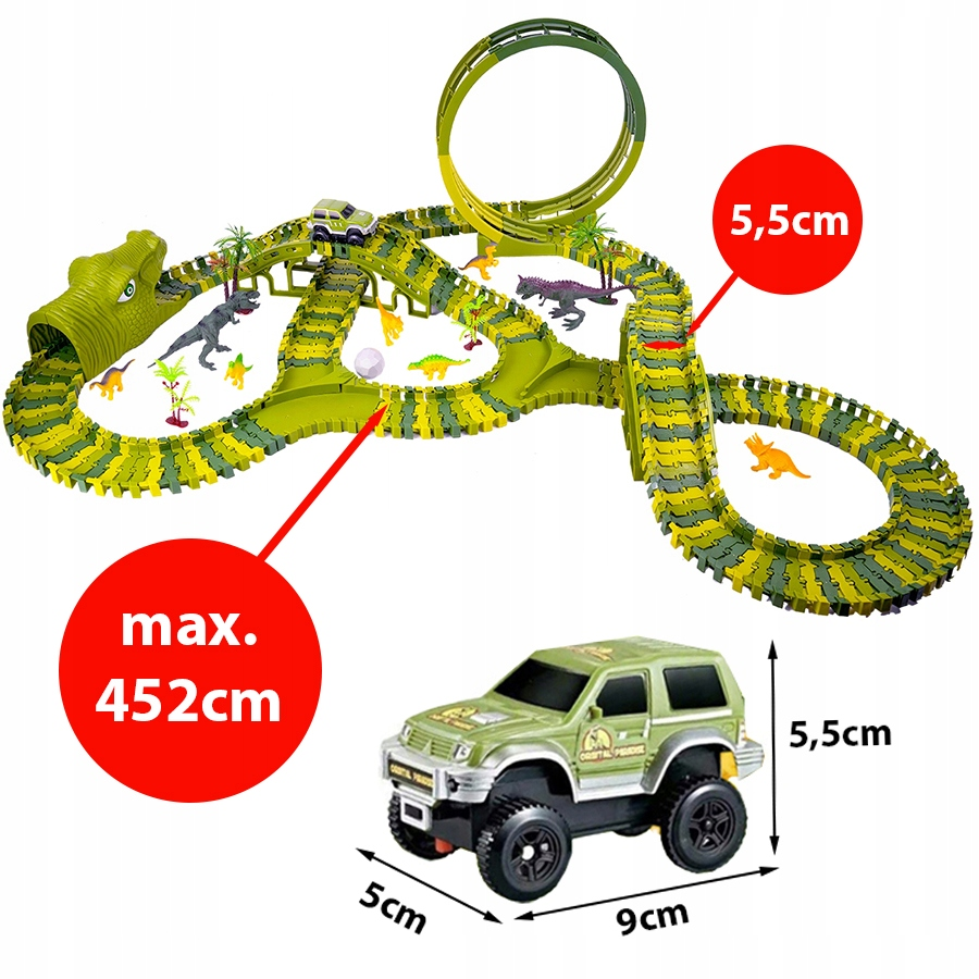 Zielony tor wyścigowy z dinozaurami, autami, pętlami i długością 452cm.