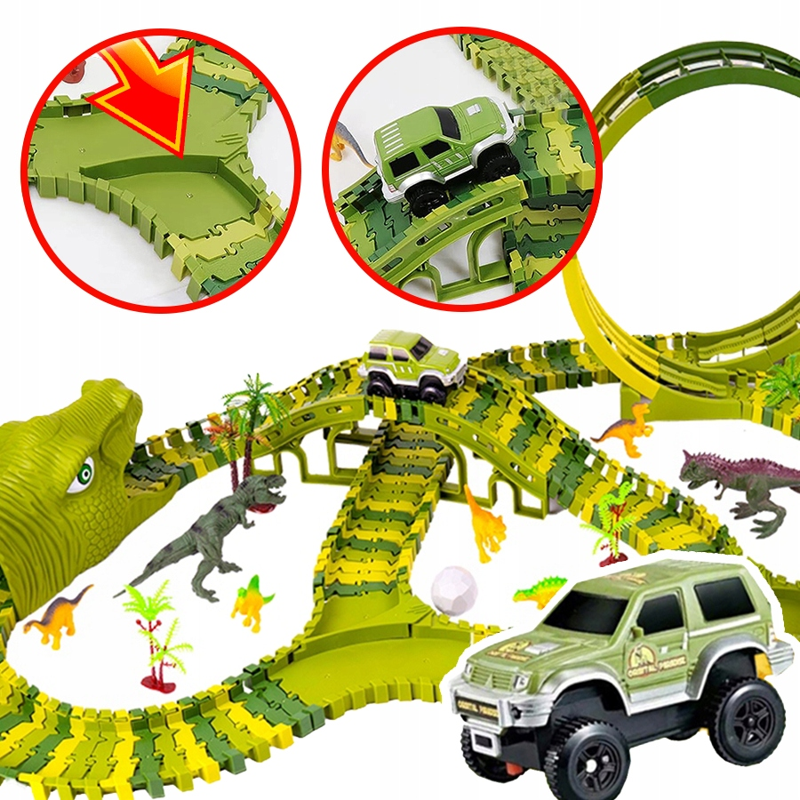 Zielony tor wyścigowy z dinozaurami, autkami i figurkami.