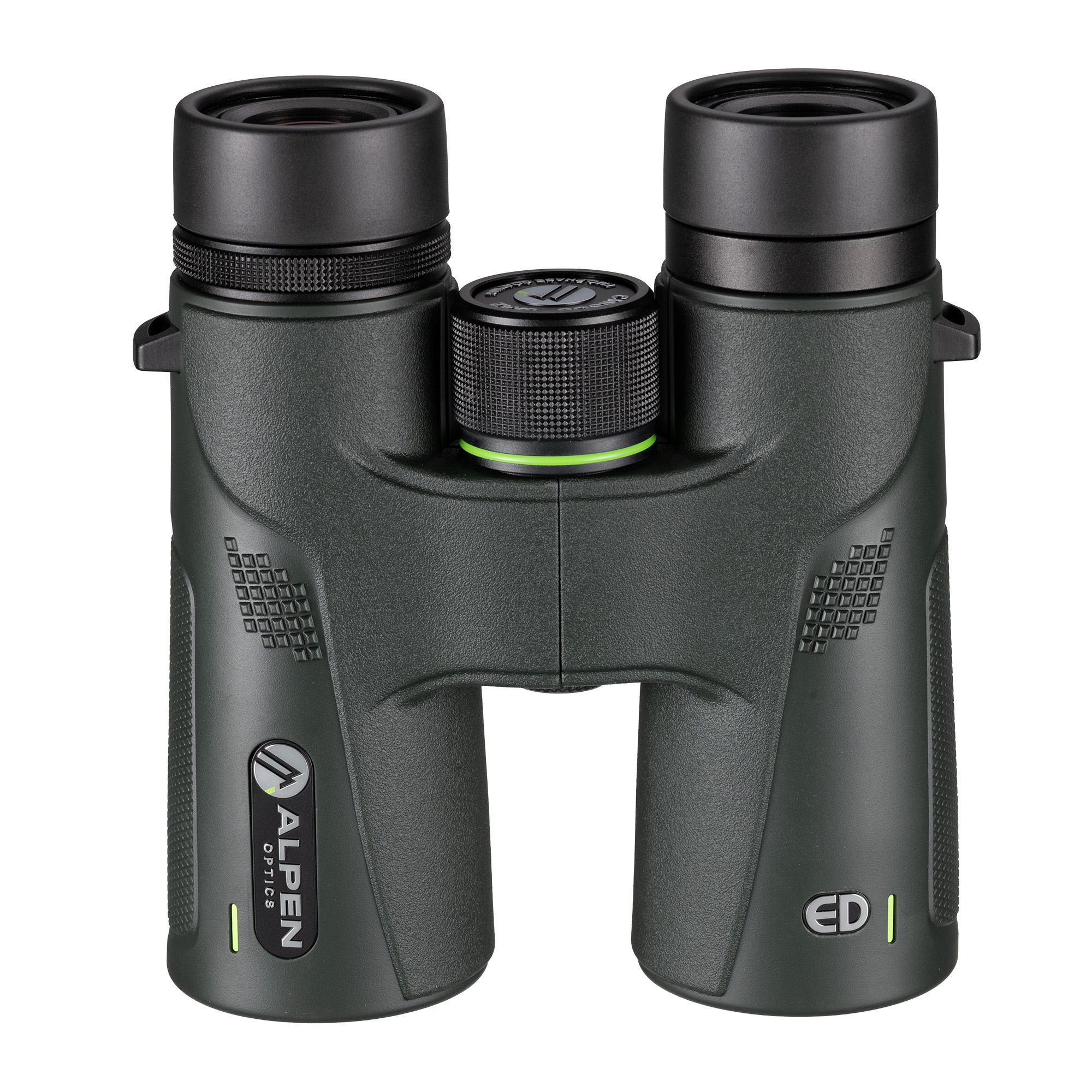 Binoculares Alpen Optics verde oscuro con rueda de enfoque central y marca ED sobre fondo blanco.