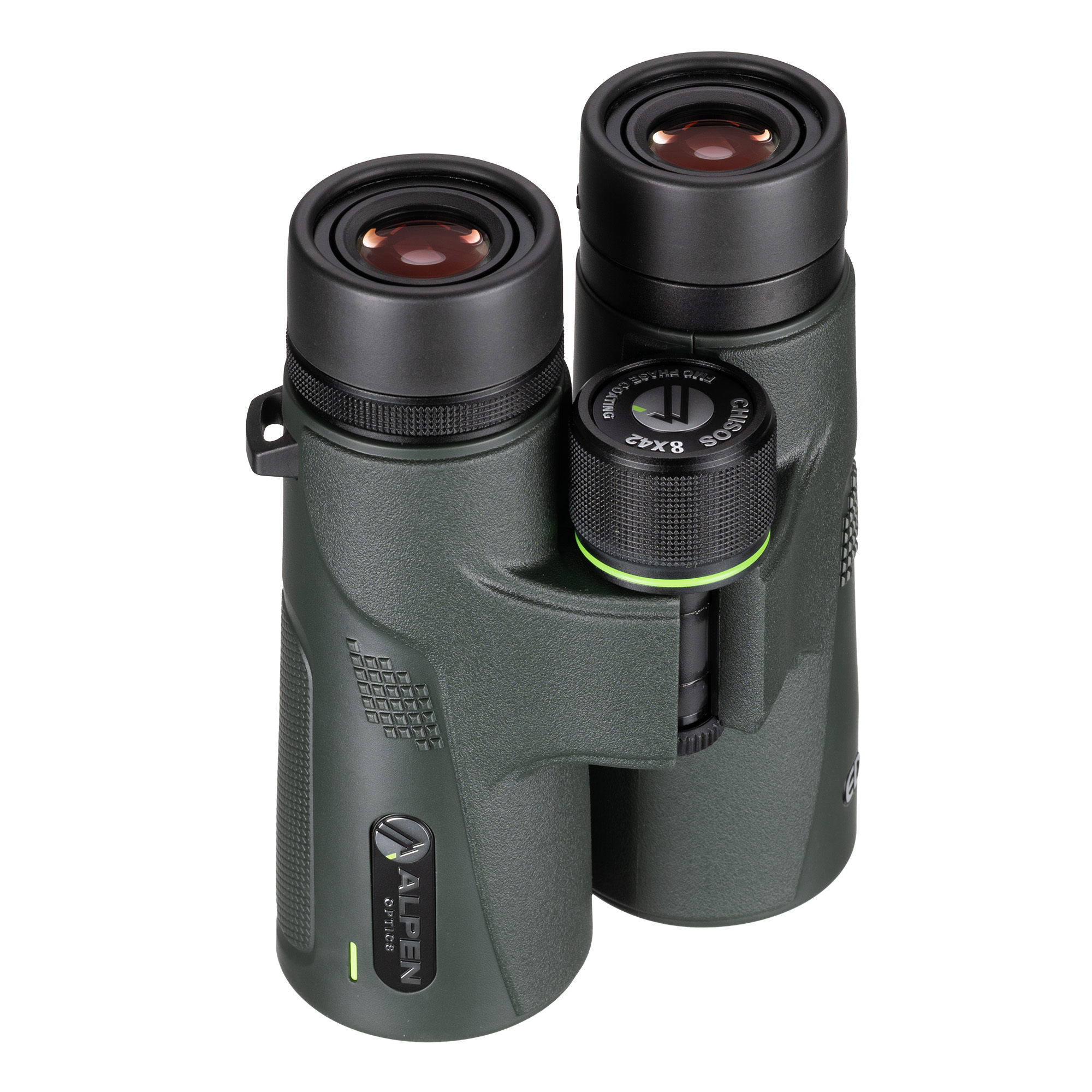 Prismáticos compactos Alpen Optics de color verde oscuro con oculares negros y rueda de enfoque central sobre fondo blanco.