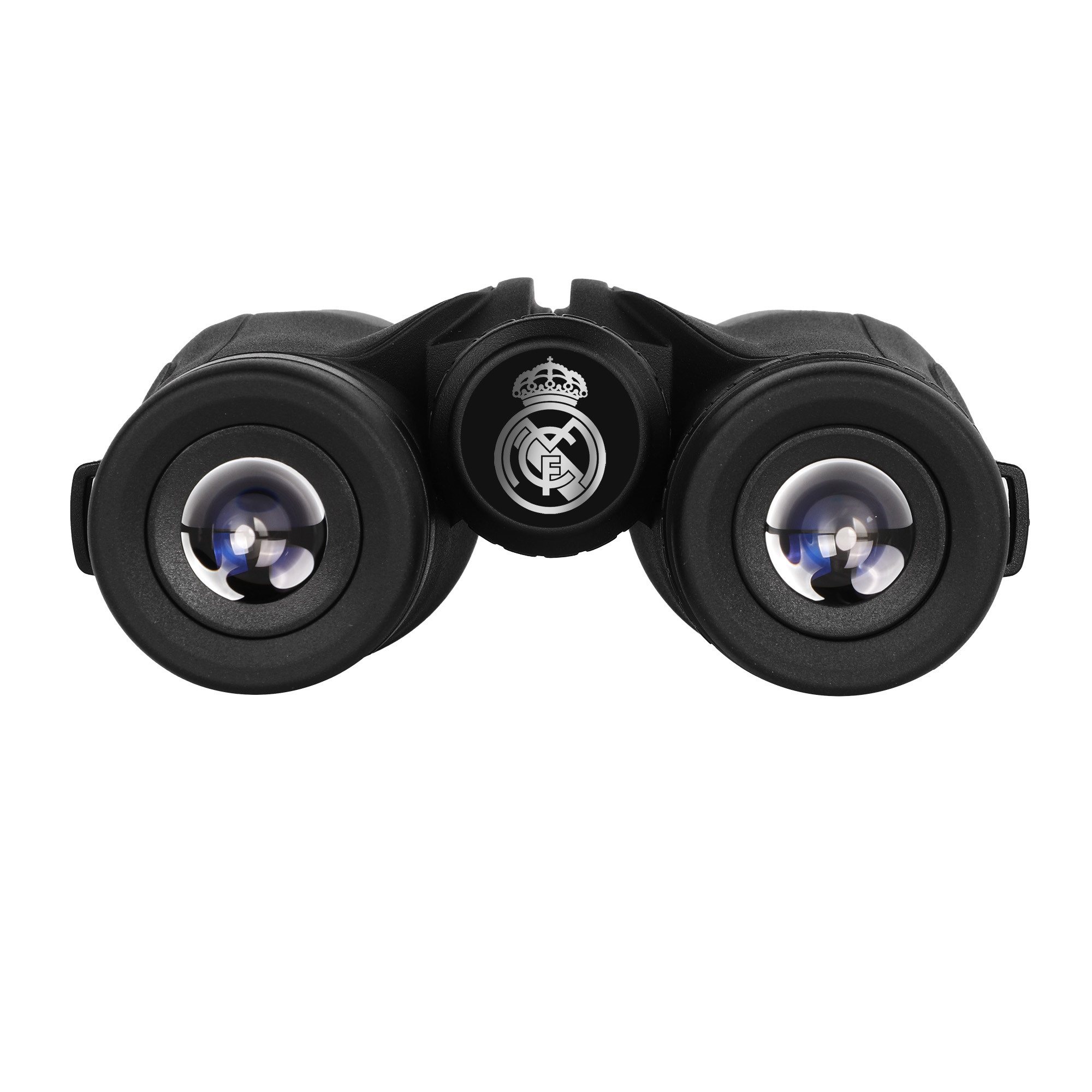 Prismáticos negros con lentes redondas y un escudo de club plateado en el centro sobre fondo blanco.